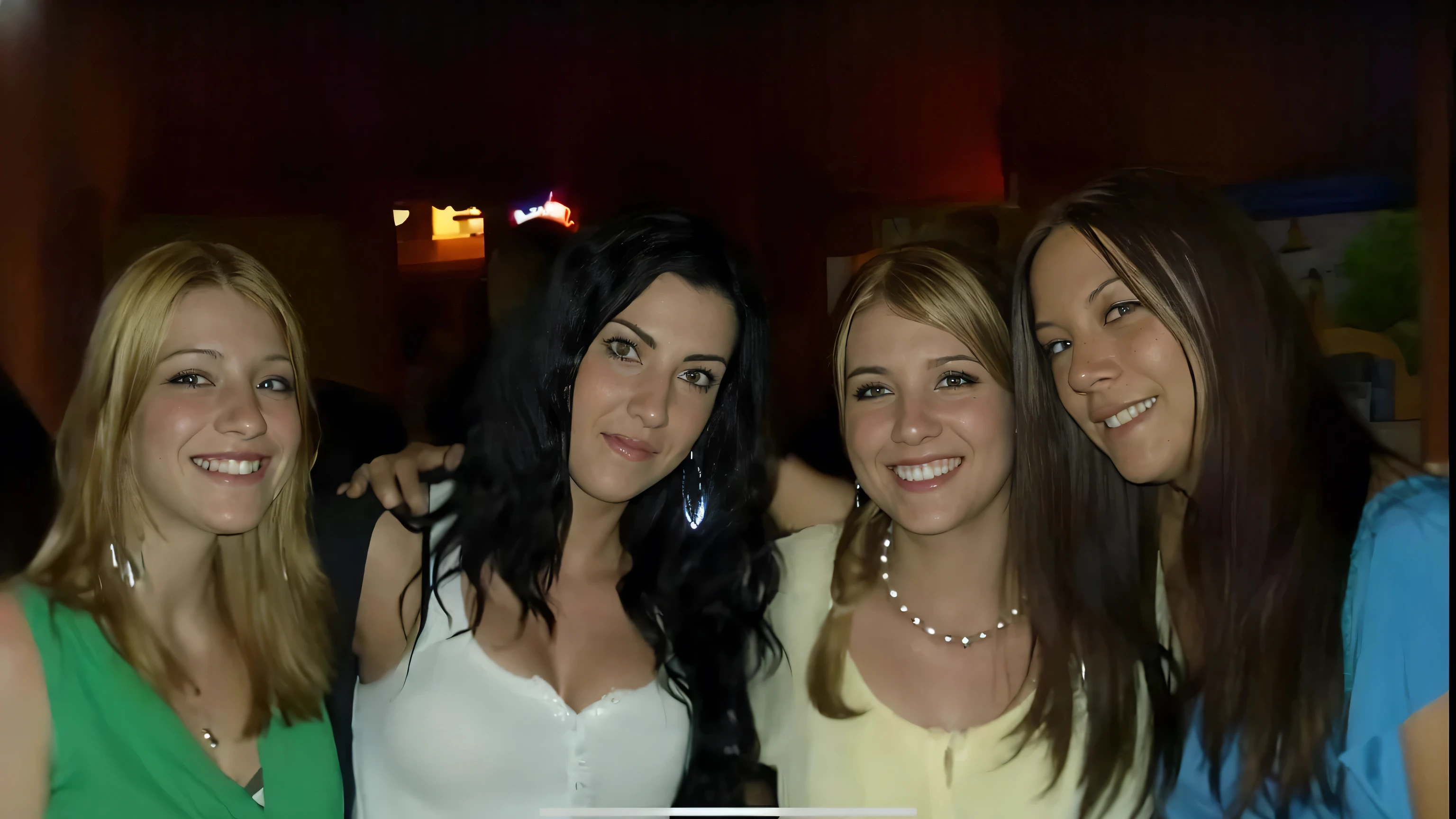 Make this a photo look detailed and realistic, three women are posing for a picture with a laptop, taken in night club, one blonde and one brunette, not blurry, photo 2 0 1 0, july 2 0 1 1, cute girls, beautiful girls, very close shot, at the , 3 young and beautiful women, taken on a 2000s camera, in a nightclub, in a bar
