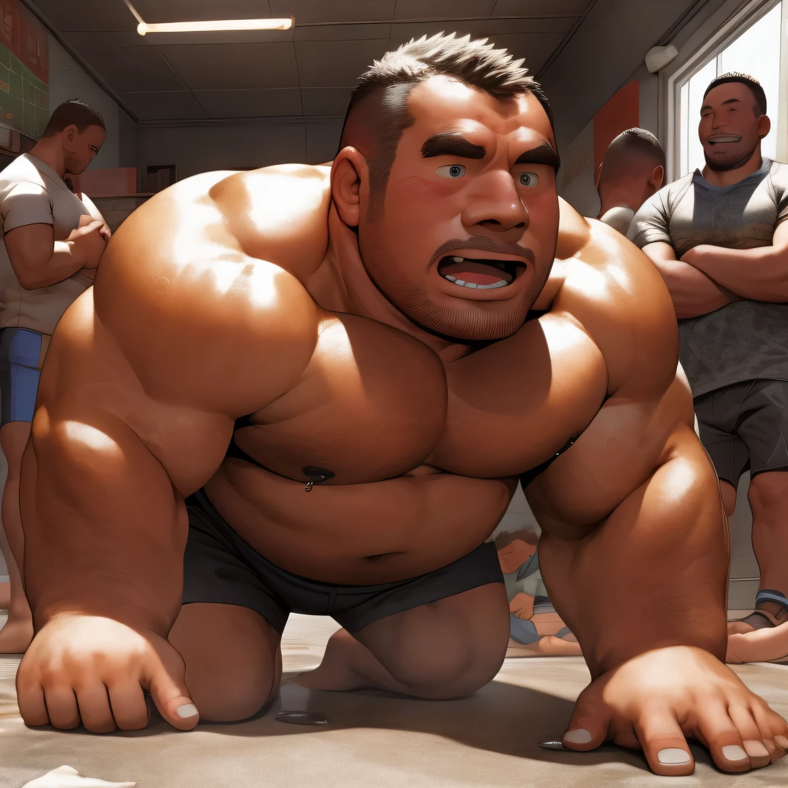 masterpiece, Top quality, in 32K, perfect anatomy, hyper detailed, photo realistic, super fine illustration, The thick man is retarded, hairy, human, asian, solo, 50yo, Bowleg, disappointment, incontinent, He crawl and sobbing at playroom in kindergarten, There is a small puddle under him, Naked, short legs, Bowleg, spread legs, wear a White cloth Diaper, Bare belly, Bare legs, Bare foots, Bare soles, Shirtless, wide forehead and short thinning hair, round face with stubble, Bare foots, Bare soles, shy, sobbing, sissy, Hold back tears, Drool, Round face, on all fours, He surrounded by children, side view, Bare foots, big butt, White Diaper, There is a small puddle under him