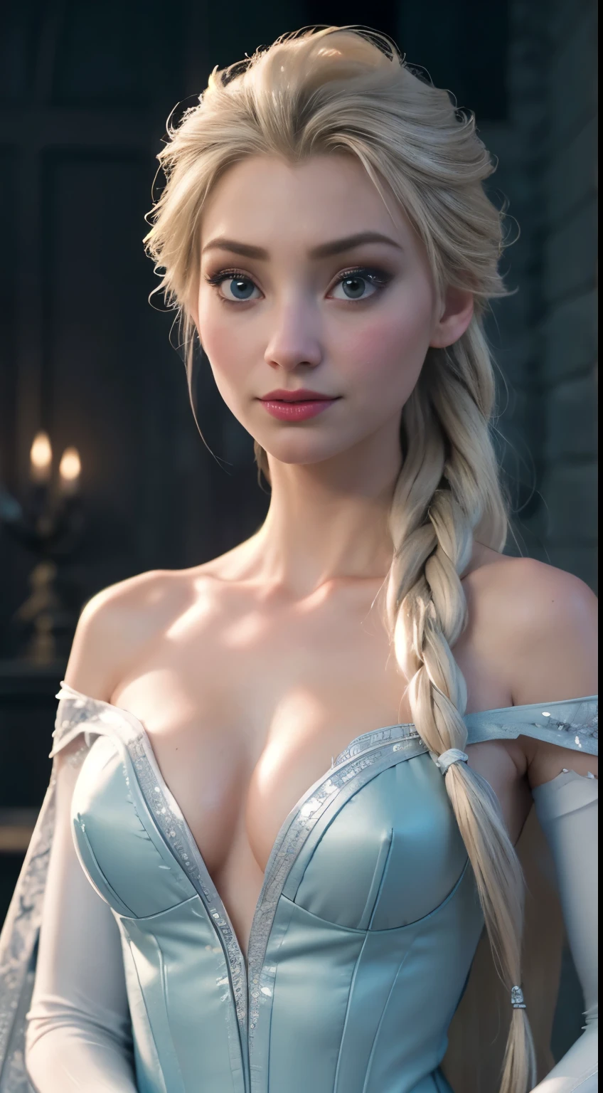 Elsa frozen chunly fusion. Highly detailed CG unity 8k wallpaper, style shot, complex, high detail, dramatic, highest quality movie still image, very detailed, masterpiece, best quality, character design, Elsa, Elsa from Frozen, (( Dark style)), realistic ultra-detailed rendering style, natural light, sharp character design, (hard focus, 8k), (((natural skin texture))), 8k textures, soft cinematic lighting, adobe lightroom, dark room, hdr, Sophisticated, Elegant, Rich Detail, Sharp Focuilm Look) )), Soothing Tones, Detail Frenzy, Intricate Detail, Super Detail, Low Contrast, Soft Film Lighting, Dull Colors, Exposure Blending, HDR, Fade, 35mm, f/1.4, ISO, f16, 25 sec , medium breast,