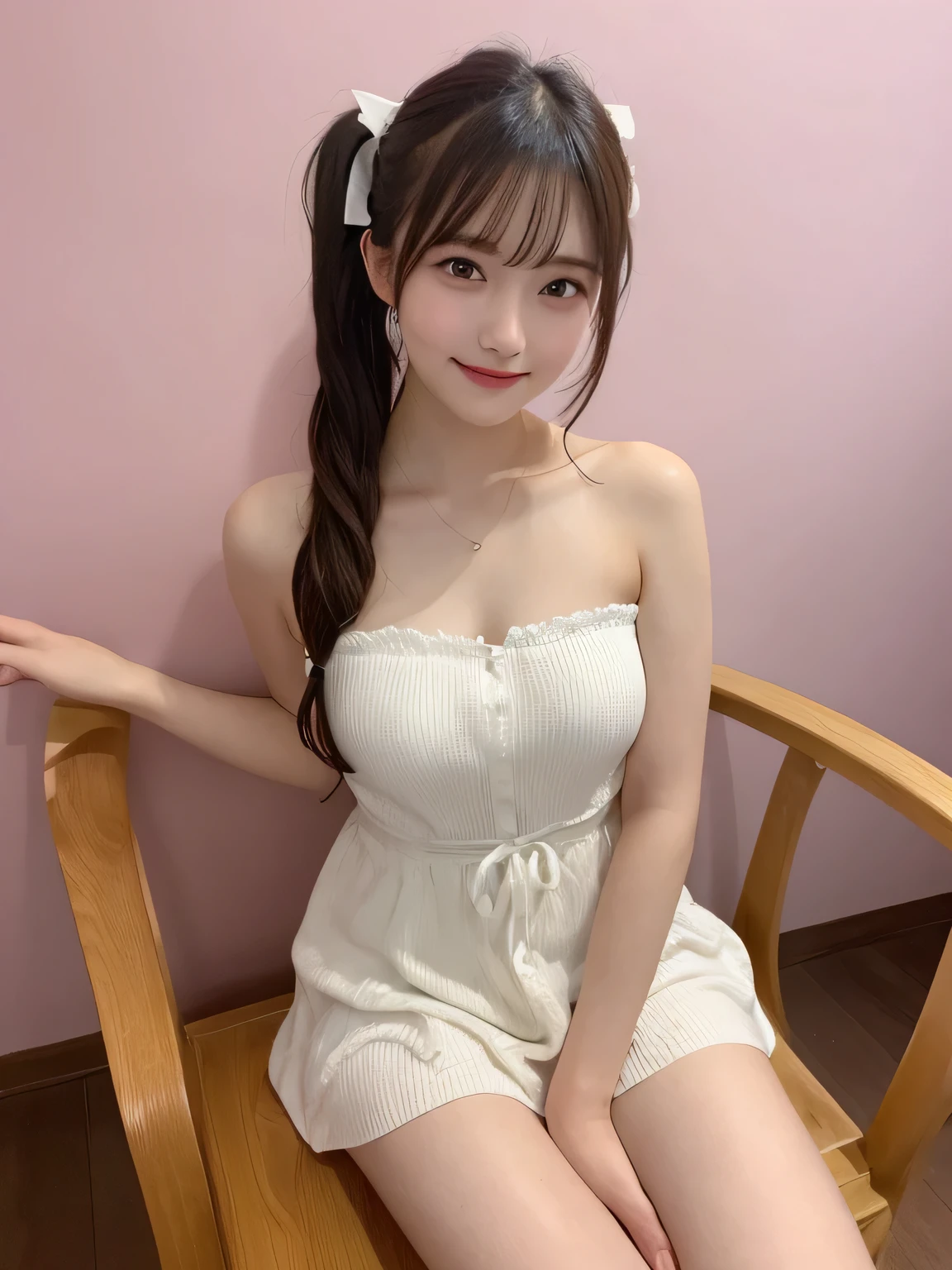 In detail,Full body photo、 One high school girl、High resolution, high quality、Slim body、Perfect dynamic composition, Beautiful fine details, Blonde、Twin tails、Natural color lip,Kamimei、17-year-old girl、Clear Skin、White bandeau dress、Thighs、Shiny Hair、最high quality, figure, Very detailed, In detail, High resolution, 8k、The correct state of the human body、Sculpture model pose,Pink wall,Sitting in a chair、Thighs are visible、smile、