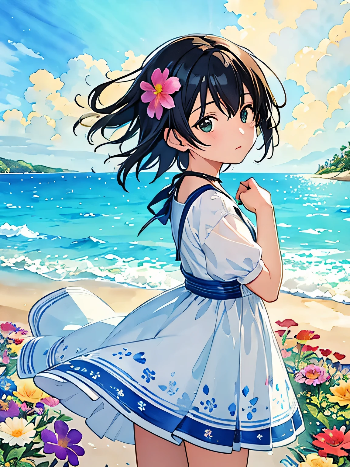 Makoto Shinkai style、8K Quality、Intense watercolor, Detailed watercolor art, Watercolor splash, Surreal, avant-garde pop art, Beautiful and expressive paintings, Beautiful artwork illustration, Very colorful tones, wonderful, Cool beauty, highest quality、Official Art, Vector art, Stylish design, ((The most beautiful girl of all time)), (((highest quality))), HDR, ((detailed)), (((Doodle Art)), ((masterpiece)), ((Super detailed)), (((Colorful flowers))), Midsummer Beach,