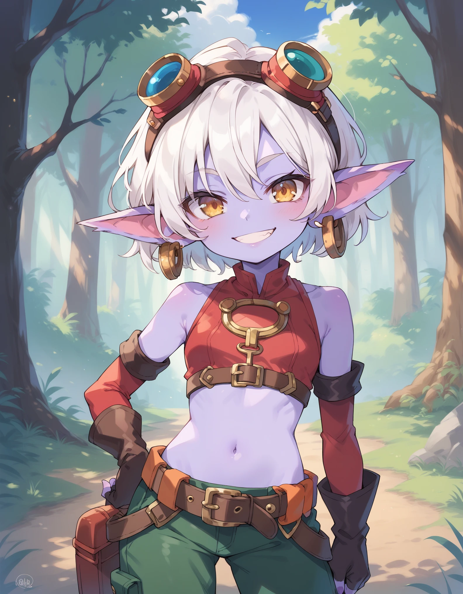 score_9, score_8_up, score_7_up, score_6_up, TristanaLoLXL, yordle, yellow eyes, pointy ears, white hair, short hair, googles on head, purple skin, colored skin. small breasts,  jewelry, earrings, crop top, navel, arm sleeves, gloves, fingerless gloves, elbow gloves, green pants, belt, grenade belt, standing, looking at viewer, seductive smile, forest, tree 