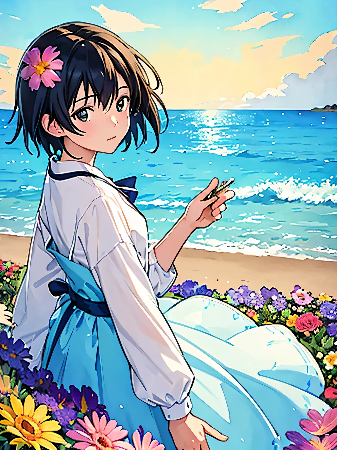 Makoto Shinkai style、8K Quality、Intense watercolor, Detailed watercolor art, Watercolor splash, Surreal, avant-garde pop art, Beautiful and expressive paintings, Beautiful artwork illustration, Very colorful tones, wonderful, Cool beauty, highest quality、Official Art, Vector art, Stylish design, ((The most beautiful girl of all time)), (((highest quality))), HDR, ((detailed)), (((Doodle Art)), ((masterpiece)), ((Super detailed)), (((Colorful flowers))), Midsummer Beach,
