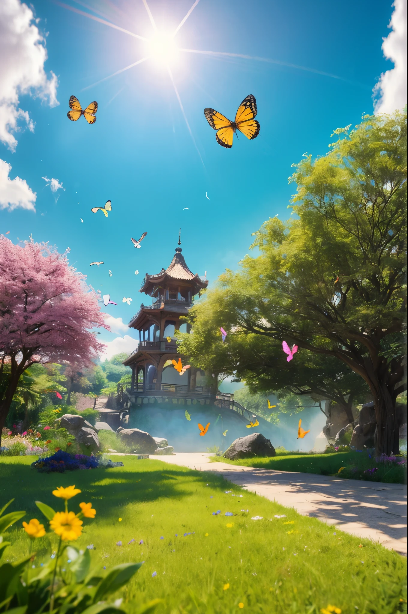masterpiece, 最high quality, high quality, Very detailed cg unity 8k wallpaper, With vibrant colors and a bright night sky、an extremely colorful and pure fantasy environment, Star-filled sky, Bright green grass landscape, colorful trees々, Shining Fruit, Bright and shiny blue flower. The stream is a deep black color, The air is filled with sweet exotic scents. The environment looks like something out of a dream, Glowing butterflies and giant colorful birds fly around, Award-winning photography, Bokeh, Depth of written boundary, High resolution, bloom, chromatic aberration ,Realistic,Very detailed, Trending on Artstation, Trending on CGSociety, Complex, Attention to detail, dramatic, art:Mid Journey