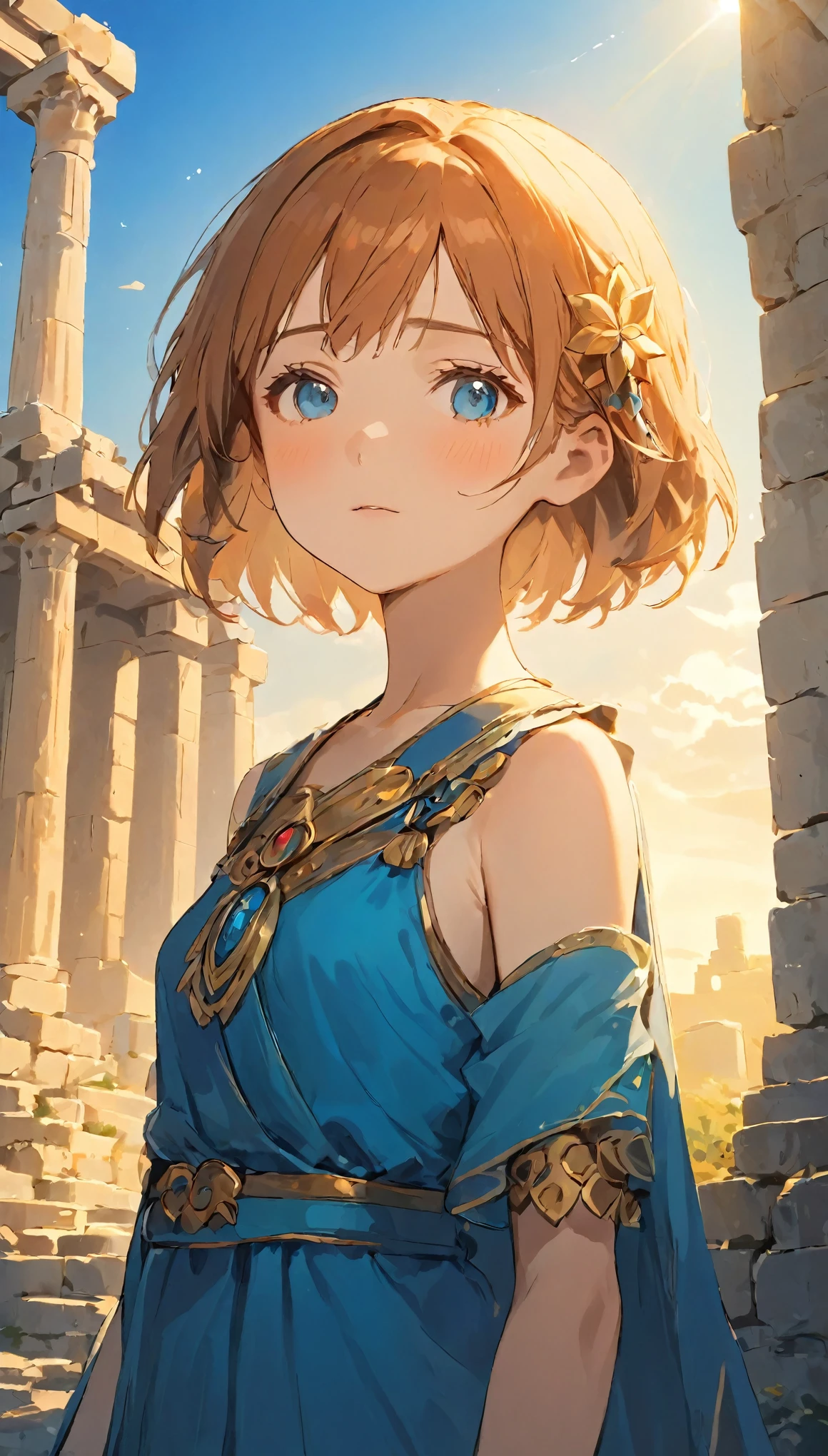 highest quality, Tabletop, High resolution, (((1 girl))), ************,Anime Style、Cute face、Malaise、Small Nose、Fuller lips、Baby Face、Small breasts、Small breasts、Tyndall effect, Shadow Studio, Rim Light, Dual Tone Lighting, masterpiece:1.5、Greek ruins in the background、blue sky、sunny、