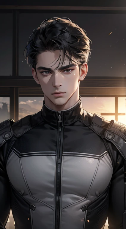(best quality, masterpiece, 8K, photorealistic, cinematic lighting, hdr image, ultra detailed, beautiful image), 1 man, mature, very handsome, serious expression, short black hair, black eyes, arranging suit