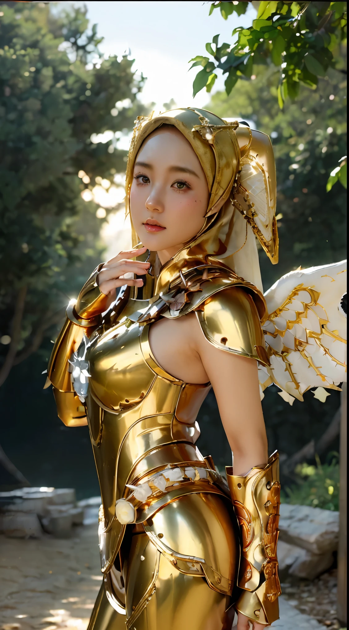 (1 Japan cutes teen with idol style), ((Top  Quality, masterpiece: 1.3)), focusing: 1.2, Perfect body care: 1.4 , (Wearing Hijab:1.2), ((Highly detailed face and skin texture)), Extremely realistic, Ultra detailed, HD, Portrait, 8K, Dressed in white and gold with spread wide big wings, (holding single flaming gold iron swords:1.2), (wearing hijab:1.5), (full iron golden armor:1.5), ornate cosplay, as a mystical valkyrie, the sailor galaxia, beautiful, white and gold priestess robes, anime cosplay, glamourous cosplay, with fiery golden wings, ((full iron trousers armor)), cosplay, professional cosplay, goddess of light, full body angel, cosplayer, perfect makeup, perfect face, beautiful face, beautiful body, arms covered with cloth, thighs covered with cloth, waterfall background, ((body object floating flying in the air:1.2)), foggy, fantasy weather, lightning strikes on either side, dramatic sttudio lighting, The atmosphere looks real, Full body shot, Front angle, ultra realistic, Professional、beautiful detail glow、Depth of bounds written、(((High chroma)))、(((real:1.9)))、((vivid:1.4))、((beautiful skin))、((skin texture))、((Real skin feel))、(((cowboy shot:1.5)))、((Angle seen from the front:1.5)), Front angle shot,