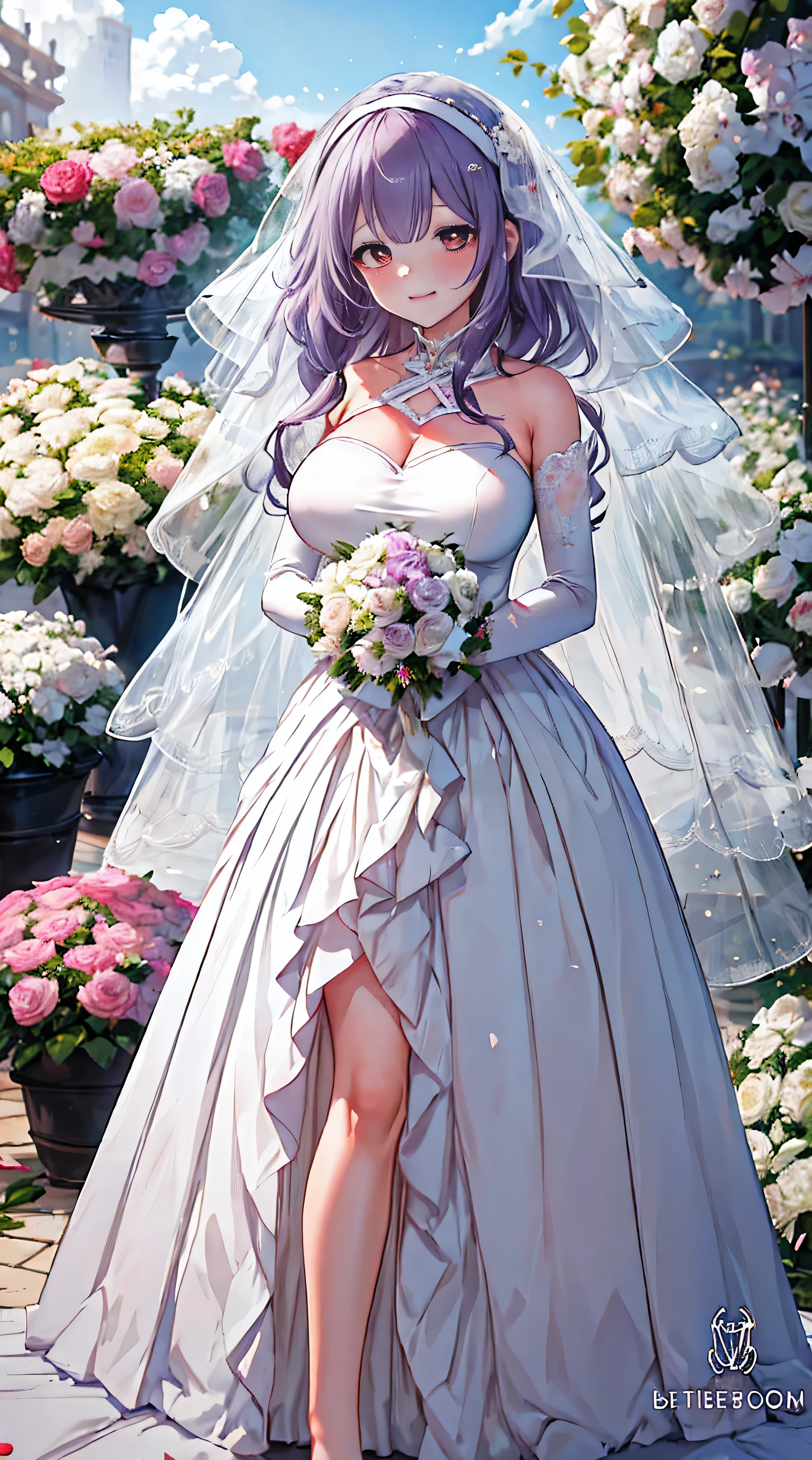 typhon| arknights, Masterpiece, best quality, 1 girl,25 years old, proportion body, Huge, enormous breasts, proportion., very long hair, hairband, purple hair, red eyes, wedding dress, wedding dress white, long skirt, wedding, ,only, standing in the middle of a flower garden, outdoor, wedding, The sky is beautiful, In the paradise of love and happiness............................, The bride wore a Japanese dress and had a seductive smile............................., Time stopped for them............................., On this wedding day of love and happiness............................, bright and beautiful flowers, Holding it in her hand is a symbol of enveloping love............................., Love and friendship through sending flowers, In the paradise of love and happiness............................, The bride wears a yukata and wears a mask............................., It is a beautiful and elegant style............................., Show your heart to your spouse............................, In the paradise of love and happiness............................, Kojikugisa is the tree of new beginnings............................., and their love and affection........................., And suck a lot of love............................., Flowers represent love and peace............................., In the paradise of love and happiness............................, Looking at the audience from the front., thigh strap, tilt your head, bored, 10, 10, high resolution, smile a little,