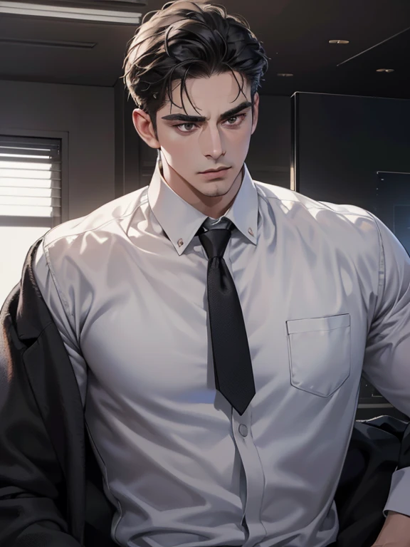 (best quality, masterpiece, 8K, photorealistic, cinematic lighting, hdr image, ultra detailed, beautiful image), 1 man, 31 years old, mature man, very handsome, (without expression, serious), short black hair, black eyes ( penetrating gaze), imposing posture, businessman, office background