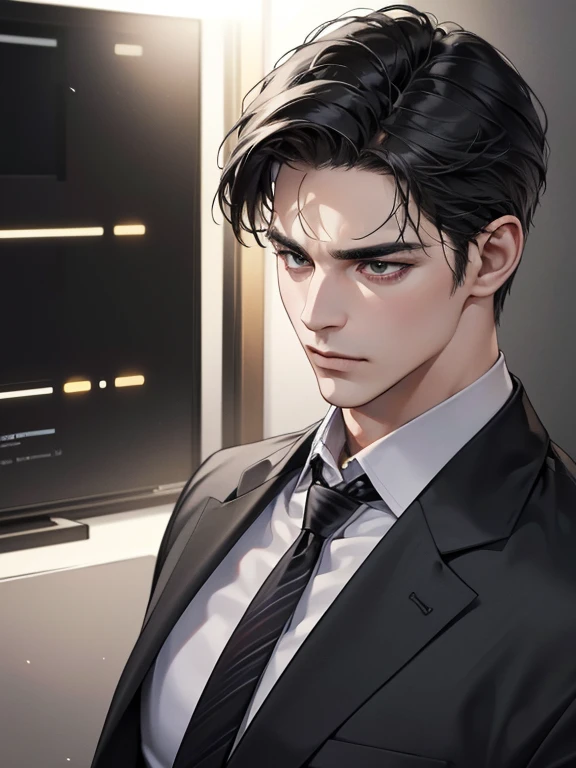 (best quality, masterpiece, 8K, photorealistic, cinematic lighting, hdr image, ultra detailed, beautiful image), 1 man, 31 years old, mature man, very handsome, (without expression, serious), short black hair, black eyes ( penetrating gaze), imposing posture, businessman, office background