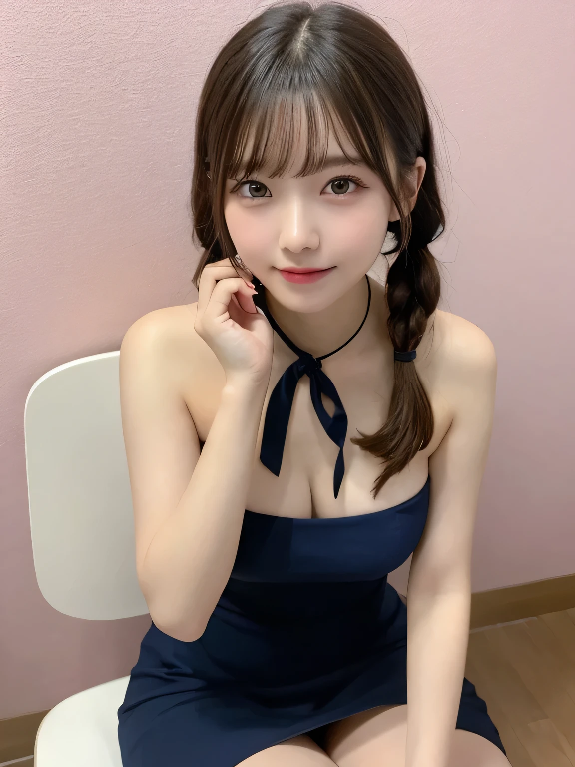 In detail,Full body photo、 One high school girl、High resolution, high quality、Slim body、Perfect dynamic composition, Beautiful fine details, Blonde、Twin tails、Natural color lip,Kamimei、-yeld giClear Skin、Navy blue bandeau dress、Thighs、Shiny Hair、最high quality, figure, Very detailed, In detail, High resolution, 8k、The correct state of the human body、Sculpture model pose,Pink wall,Sitting in a chair、Thighs are visible、smile、