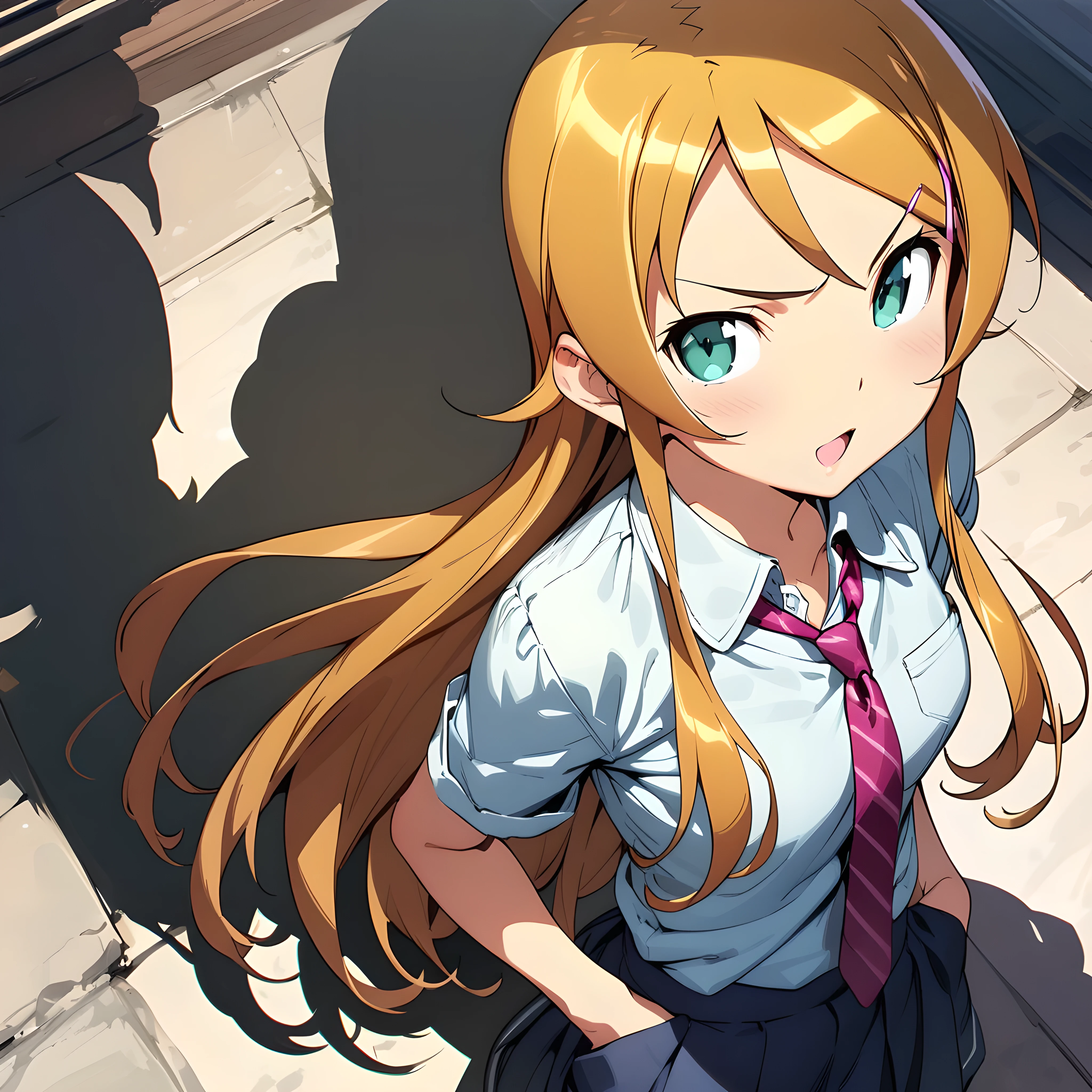 (masterpiece),(best quality),(ultra-detailed),(best illustration),(best shadow),(absurdres),(detailed background),(very aesthetic),kirino kousaka, 1girl, solo, long hair, blonde hair, green eyes, necktie, skirt, hands in pockets, open mouth, seductive smile, portrait, 