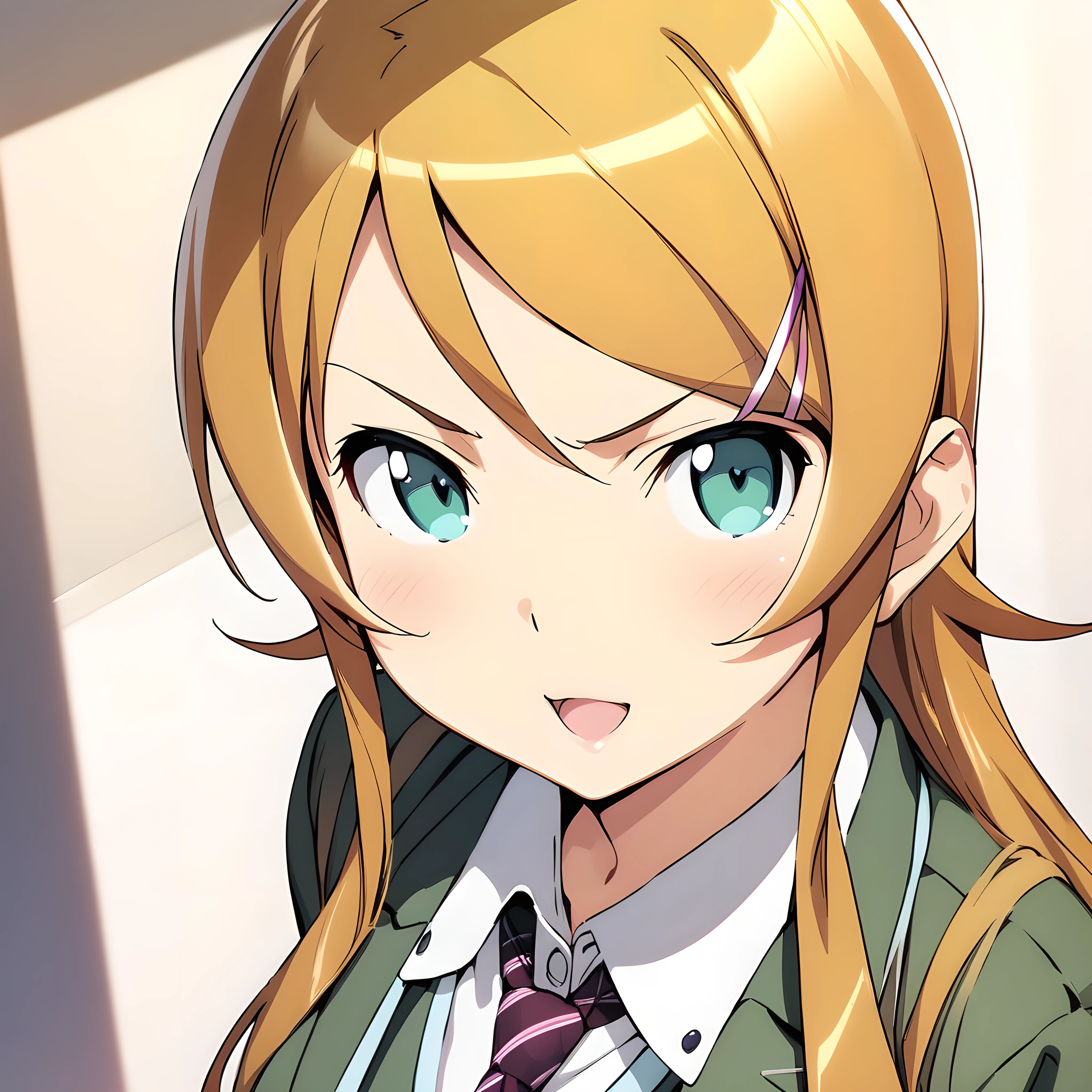 (masterpiece),(best quality),(ultra-detailed),(best illustration),(best shadow),(absurdres),(detailed background),(very aesthetic),kirino kousaka, 1girl, solo, long hair, blonde hair, green eyes, necktie, skirt, hands in pockets, open mouth, seductive smile, portrait, 