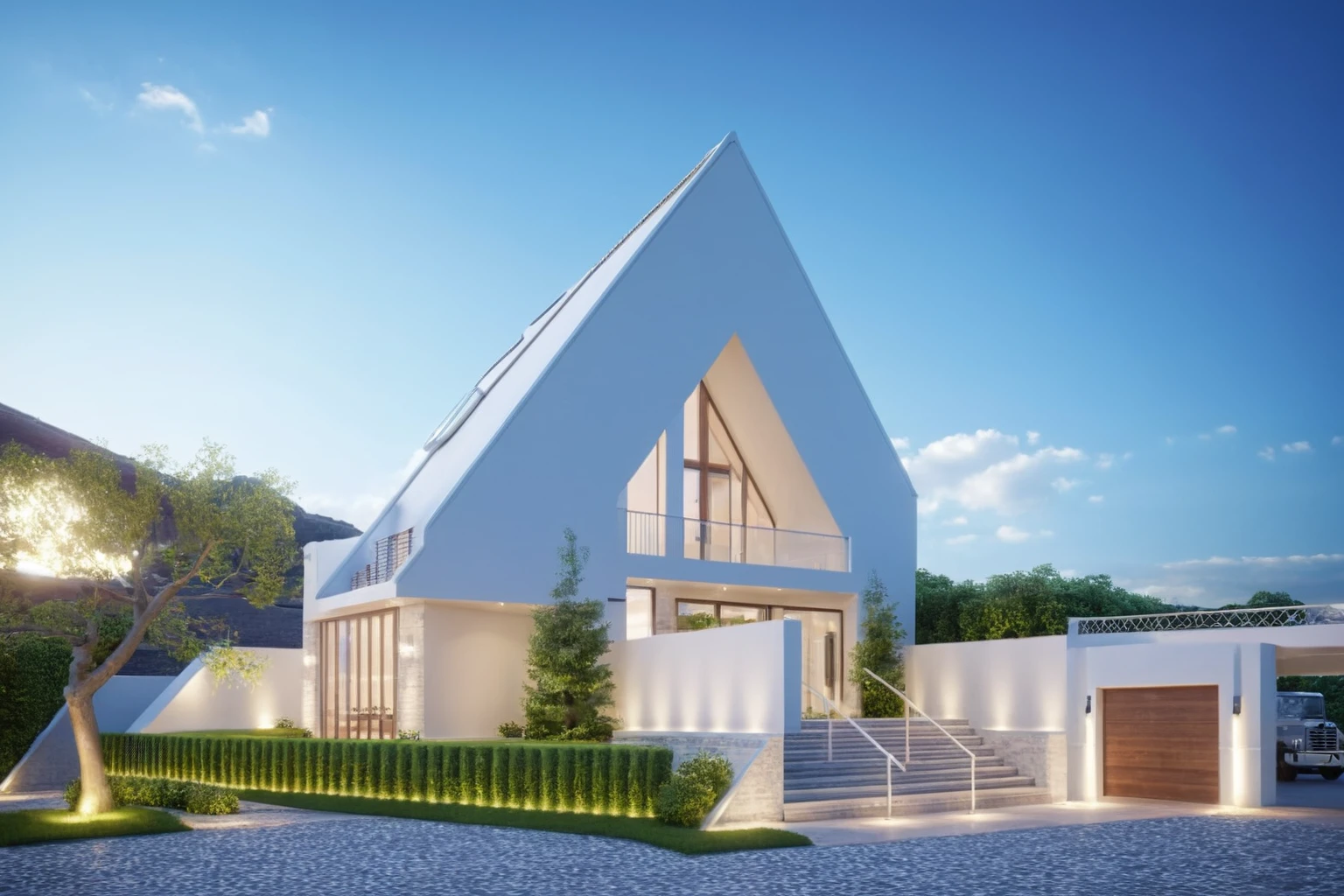 Architectural style Architectural style, ((Classic Style House)),(masterpiece) , ((best quality)), dramatic lighting, high quality outdoors, sky, day, cloud, tree, blue sky, building, scenery, road, real world location, sunlight, enough detail, high resolution,super realistic, Photorealistic, highly detailed, balcony, plants, door, car, truck, parking slot, paving, . Clean lines, architectural drawing, highly detailed , . Clean lines, geometric shapes, minimalist, modern, architectural drawing, highly detailed