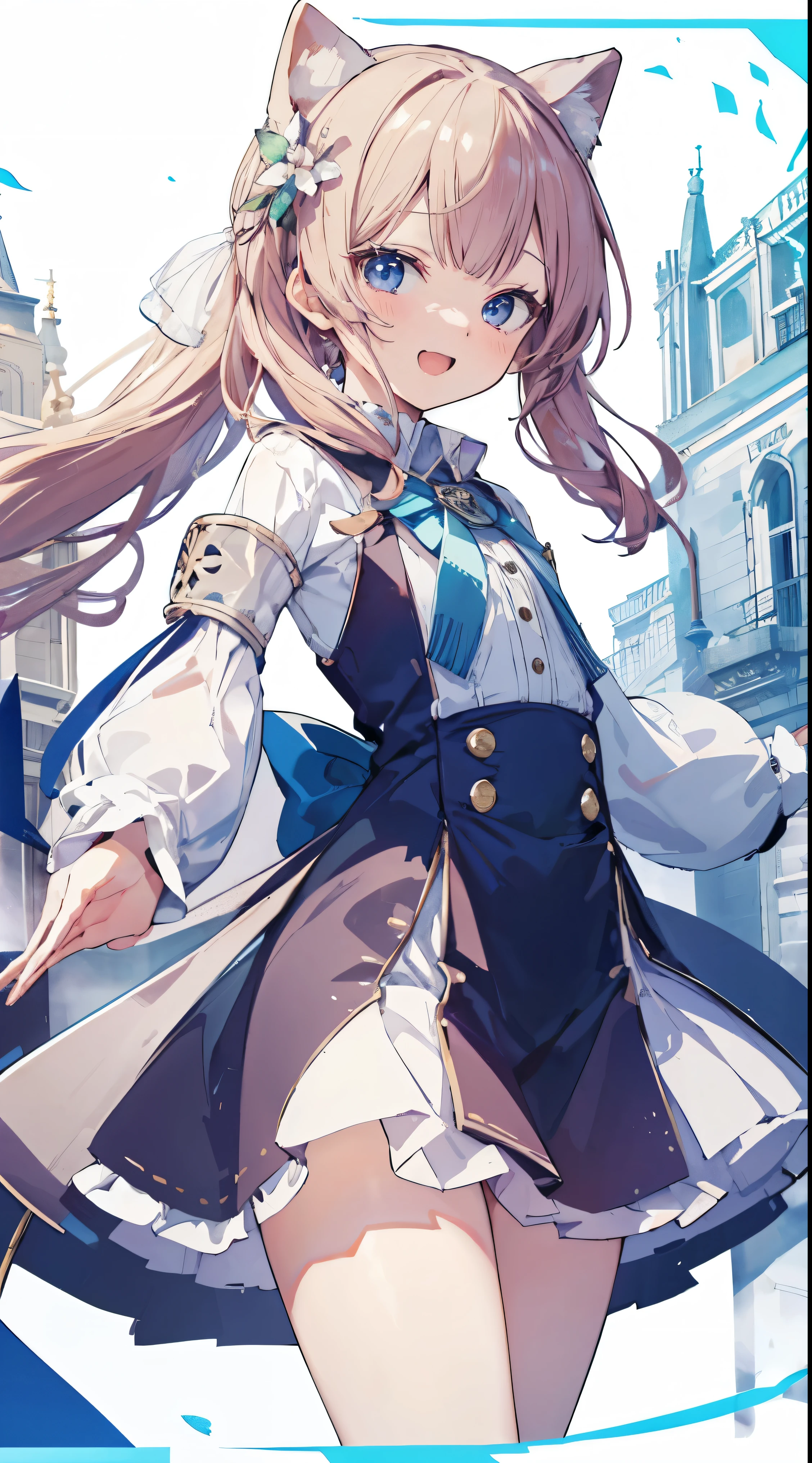 Masterpiece、Highest quality、highest quality、(Open Mouth Smile)、Shiny hair quality、Small face、Dynamic pose、Super detailed, beautiful, wide eyes、Ultra-detailed, clear and beautiful faces、(cute illustration:1.2), High-resolution, ultra-detailed, best quality, embarrassed、Thighs