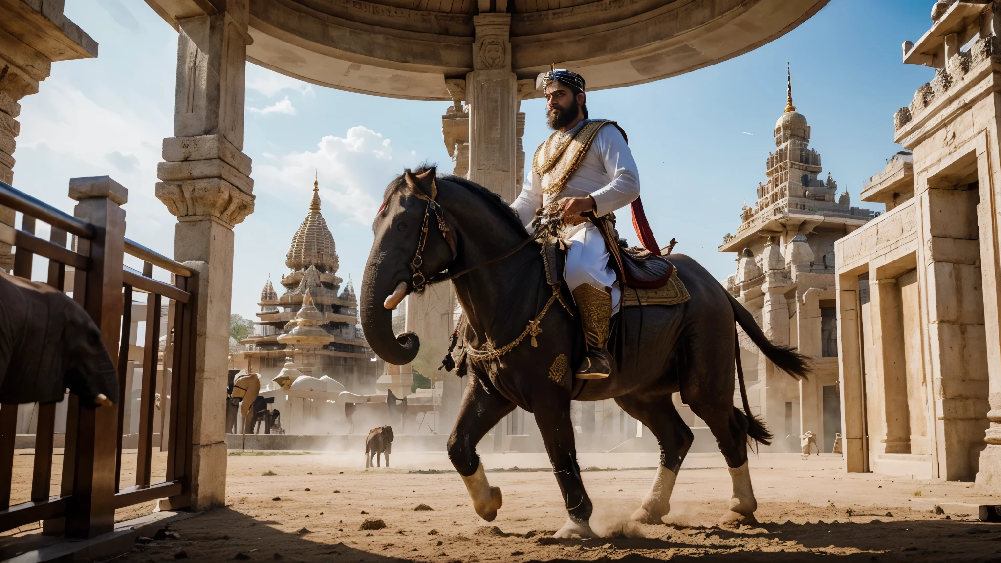 "Create a striking scene featuring a bearded king mounted on a rearing horse, clad in resplendent white sultan attire, surrounded by his soldiers and majestic elephants, as they forcefully demolish a Hindu temple and its towering gopuram. Render it in stunning 4K HD, capturing the intensity and detail of this momentous event."