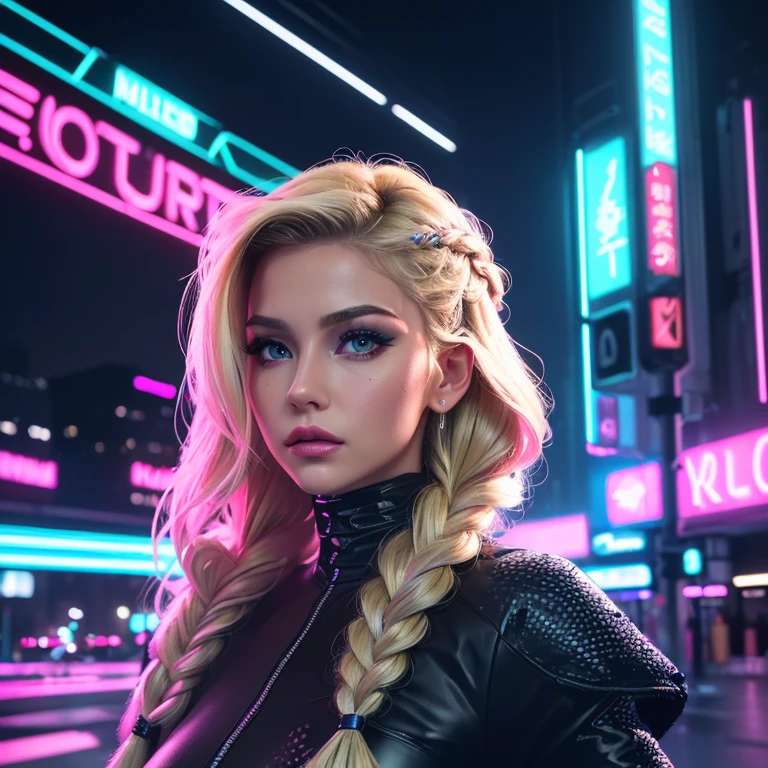 (((medium full shot))), (Masterpiece, photorealistic, photorealism, best quality, ultra-detailed:1.3), (nice hands, perfect hands), official art, cinematic light, (1girl:1.3), adult, More about Neon Night Siren: Cyber City Glamour. A woman with blonde braided hair and striking makeup posing confidently in a futuristic neon-lit cityscape at night