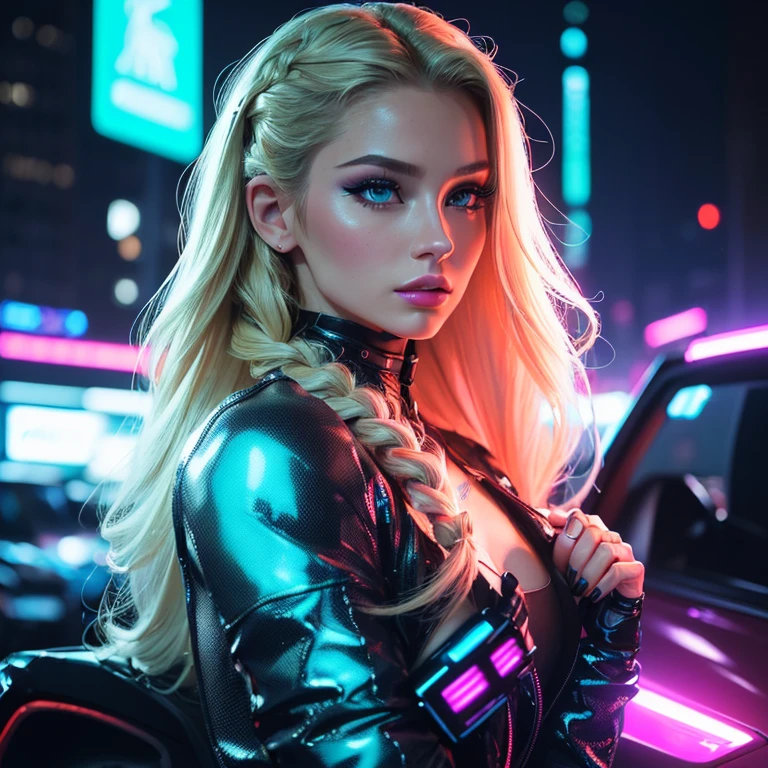 (((medium full shot))), (Masterpiece, photorealistic, photorealism, best quality, ultra-detailed:1.3), (nice hands, perfect hands), official art, cinematic light, (1girl:1.3), adult, More about Neon Night Siren: Cyber City Glamour. A woman with blonde braided hair and striking makeup posing confidently in a futuristic neon-lit cityscape at night