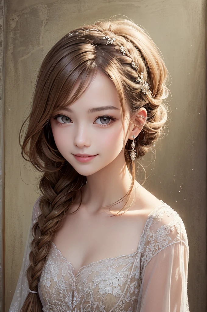 (最High resolution、High resolution、最high quality、Super detailed、Beautiful and beautiful:1.2)、Good anatomy、From above、noon、Earth、Soft Light、Painting of a girl with beige braided hair、Beautiful smile、Sparkling Eyes、Shiny Princess Dress、pure、Charm、mysterious、Earthの木、Earthの草、high quality、Beautiful graphics、Super detailed