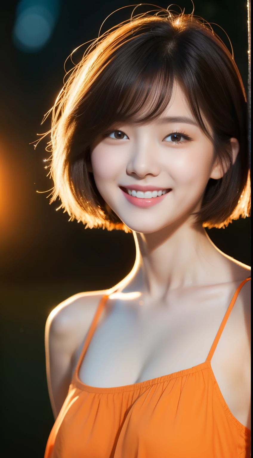 (original photography), (realism), (Masterpiece), (top quality), High resolution, 16K resolution,1 cute real photo of a Korean star,16 years old,((short hair)),White skin,,Light makeup,Bust 32 inches,split,smile slightly,closeup portrait,Extremely detailed eyes and facial details,Wearing an orange striped camisole, ((in school:1.2)), complex background,((strong sunset light))