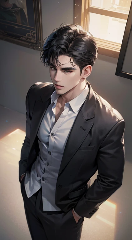 (best quality, masterpiece, 8K, photorealistic, cinematic lighting, 1:4 hdr image, top view, ultra detailed, beautiful image), a mature man, very handsome, short black hair, black eyes, perfect face without errors , ((buttoning his jacket, CEO))