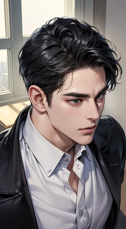 (best quality, masterpiece, 8K, photorealistic, cinematic lighting, 1:4 hdr image, top view, ultra detailed, beautiful image), a mature man, very handsome, short black hair, black eyes, perfect face without errors , ((buttoning his jacket, CEO))