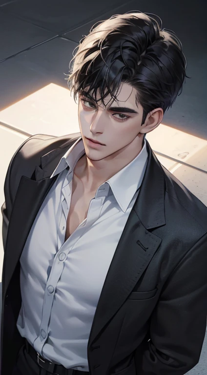 (best quality, masterpiece, 8K, photorealistic, cinematic lighting, 1:4 hdr image, top view, ultra detailed, beautiful image), a mature man, very handsome, short black hair, black eyes, perfect face without errors , ((buttoning his jacket, CEO))