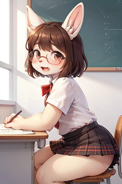 left side view , focus face , hairy bunny Short stature girl , (realistic hairy bunny fur:1.2) , round Mumps face , (tilt face:1.2) , Eyes Wide Open , wide open mouth , Unsophisticated loose geek , round eyes , Swollen cheeks , shy , glossy lips , eyewear , in the school , Class is in progress , school sailor , skirt , sit on chair , Looking Ahead , Bored attitude , Kneel on the desk , Write in a notebook , Surprised