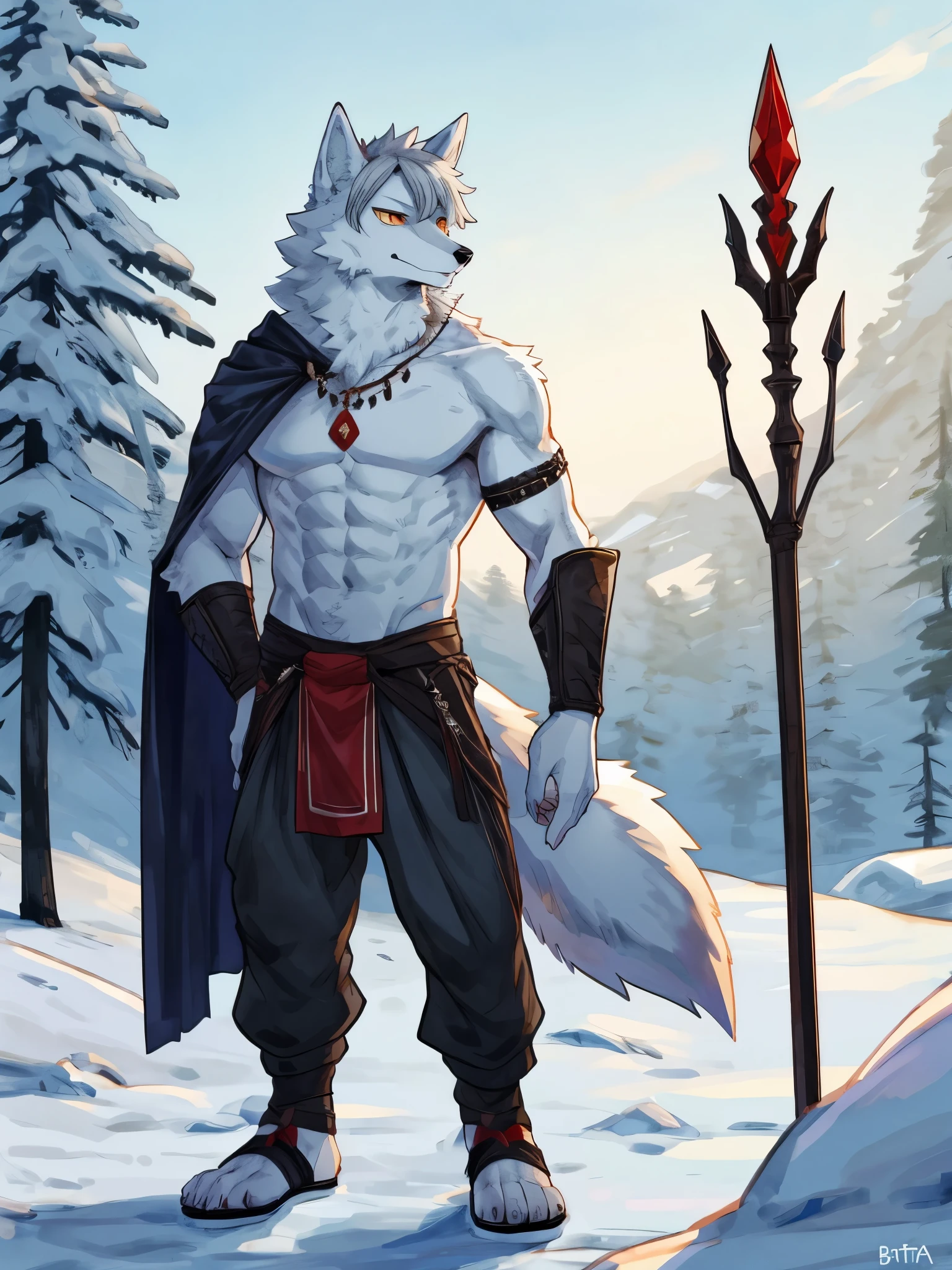 (best quality, masterpiece, detailed anatomy), by Buta99, by K0BIT0WANI, by SpiritD, 1Male, Wolf, adult body, white furs, tail, grey hair bangs, skinny muscular body, orange eyes, shirtless, cyan dot necklace, winter staff, yellow loincloth, cyan baggy pants, sandal, standing, controlling the ice element, in the snow field