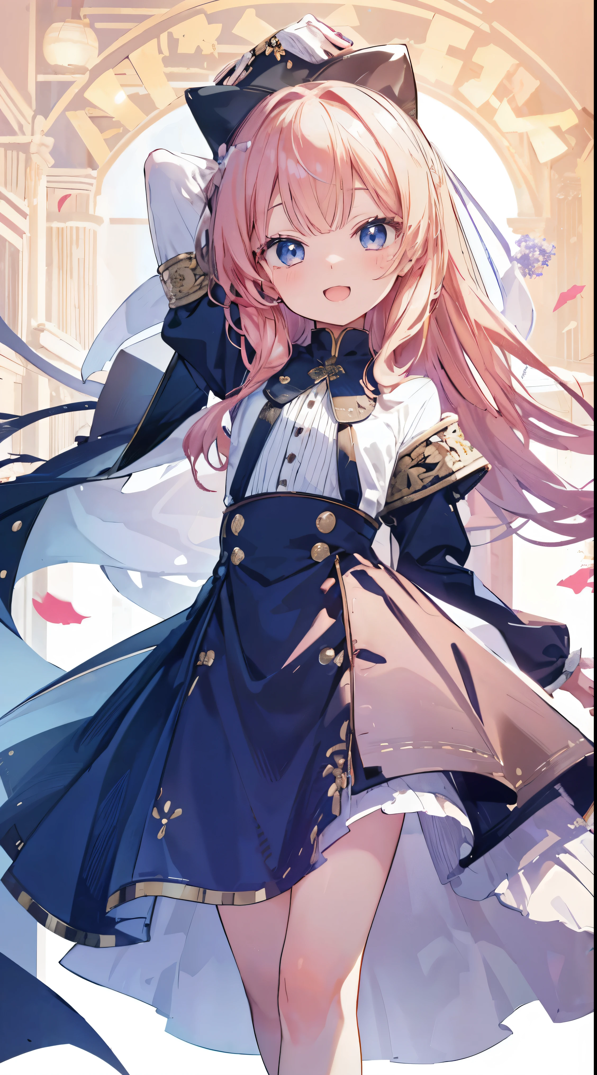 Masterpiece、Highest quality、highest quality、((((Petite))))、(Open Mouth Smile)、Shiny hair quality、Small face、Dynamic pose、Super detailed, beautiful, wide eyes、Ultra-detailed, clear and beautiful faces、(cute illustration:1.2), High-resolution, ultra-detailed, best quality, embarrassed、Thighs、cute