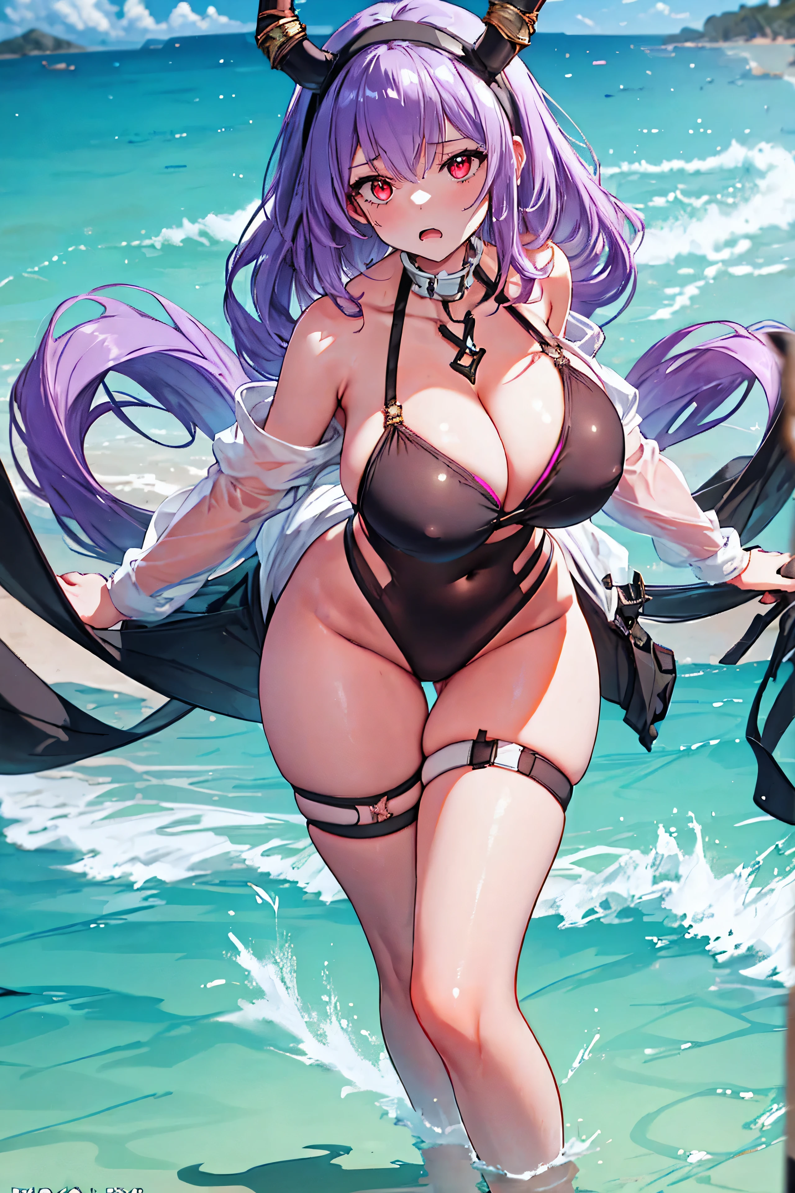 typhon| arknights, micro bikini, Masterpiece, best quality, 1 girl,25 years old , Huge, enormous breasts, very long hair, hairband, purple hair, red eyes, proportion body, proportion, show your , Water set, This micro bikini,micro mini bikini, Lying on the beach with alluring challenges, unctuous. ,only, beautiful sea, The sky is beautiful, Looking at the audience from the front, thigh strap, tilt your head, bored, 10, 10, high resolution, Expressing anger, angry,