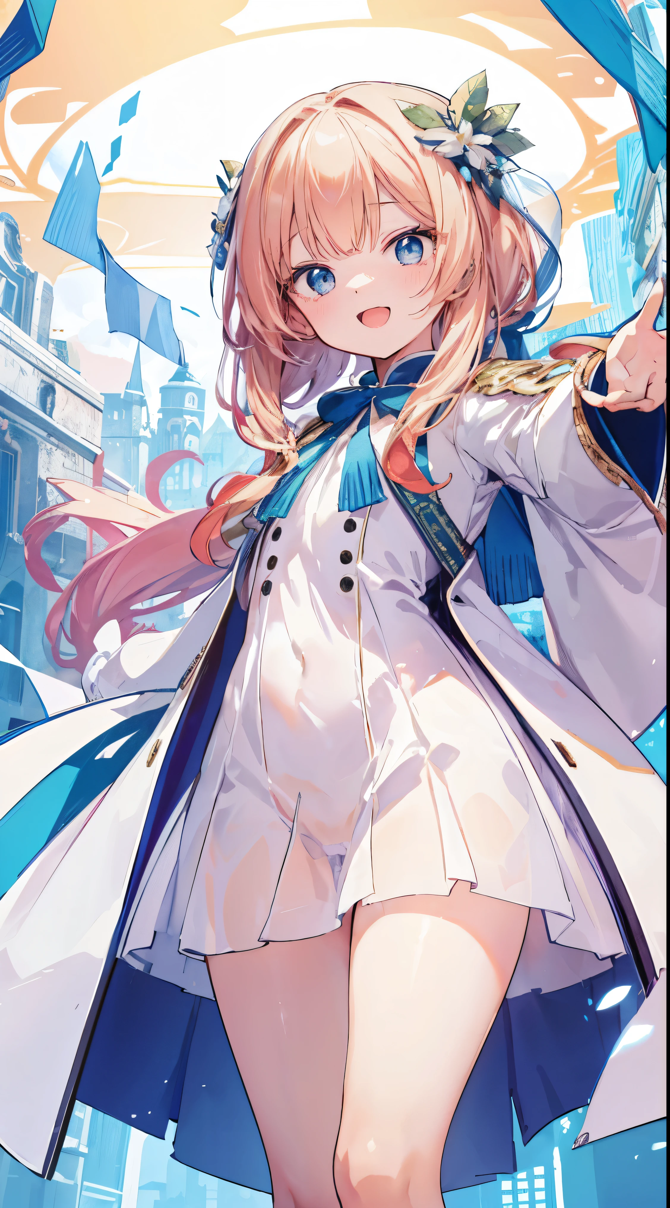 Masterpiece、Highest quality、highest quality、((((Petite))))、(Open Mouth Smile)、Shiny hair quality、Small face、Dynamic pose、Super detailed, beautiful, wide eyes、Ultra-detailed, clear and beautiful faces、(cute illustration:1.2), High-resolution, ultra-detailed, best quality, embarrassed、Thighs、cute