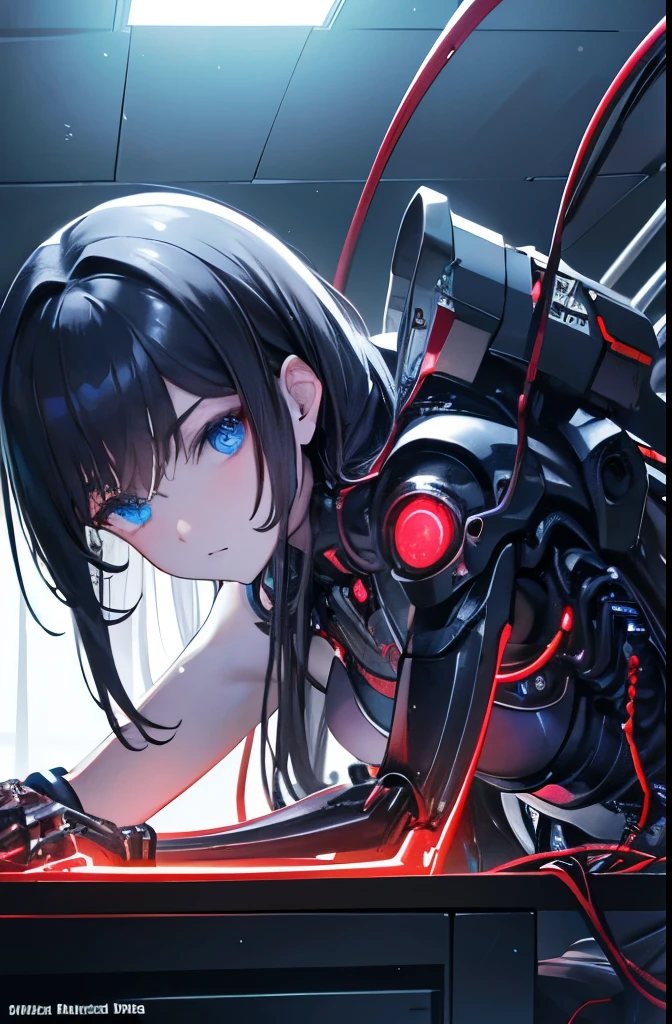 top quality, masterpiece, Ultra-high resolution, (Reality: 1.4), original photo, 1 girl, Black Hair, Smooth skin, 1.Mechanical Girl, (Ultra-realistic details)), portrait, Global Illumination, shadow, Octane Rendering, 8k, Extremely sharp, Big goals, Cracked rawhide, Metal, Exquisite decorative details, Japan Details, Very intricate details, Reality光, CG social trends, blue eyes, Glowing eyes, Facing the camera, Neon details, Mechanical limbs, Blood vessels connected to the tubes, A mechanical vertebrae attached to the back, Mechanical neck fixation device, sitting, Wires and cables to the head, Gundam, Small led light,