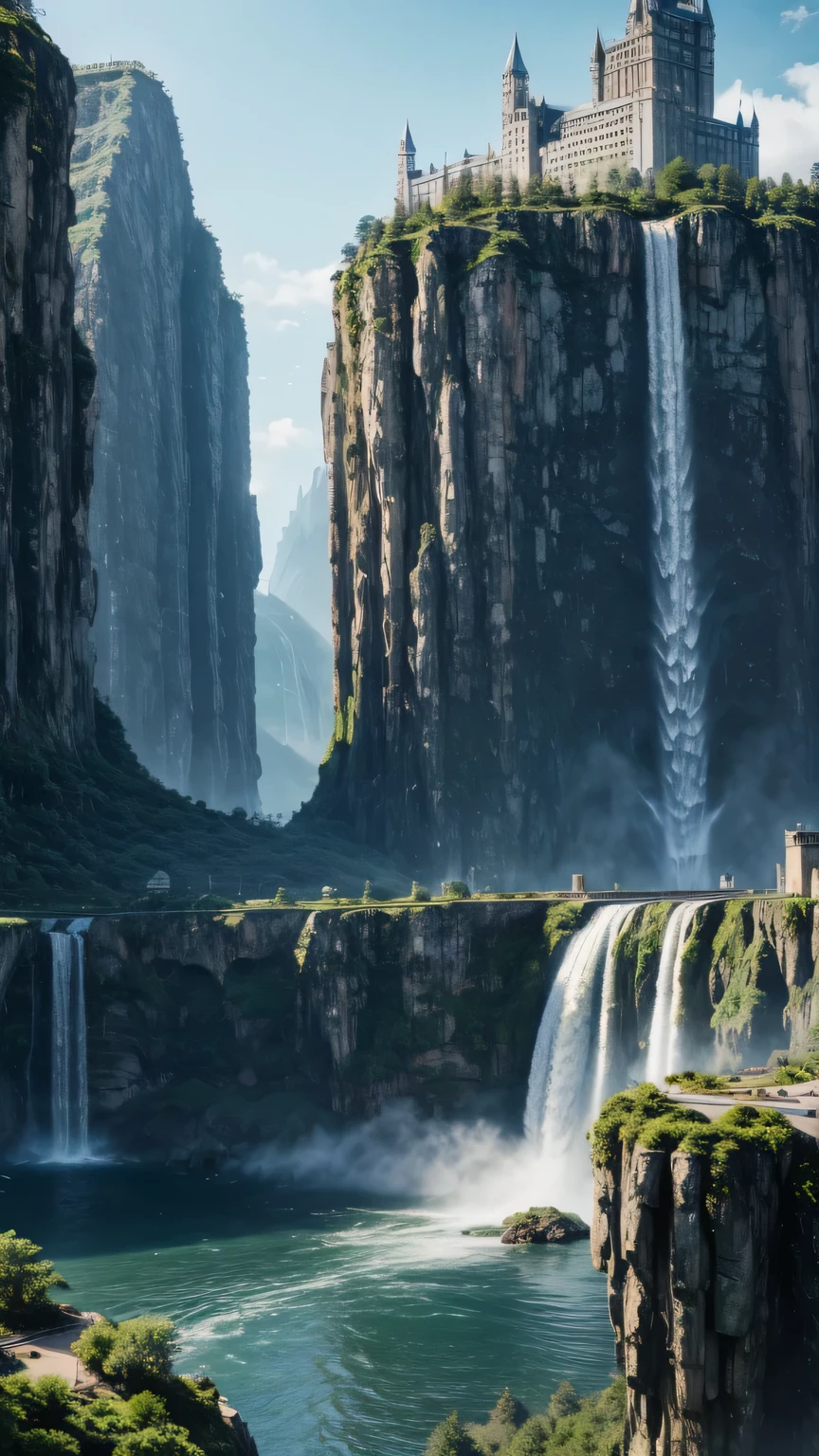 Huge castles and skyscrapers floating in the air Cyberpunk fantasy world Top quality ultra high definition utopia 8K Giant waterfalls nature
