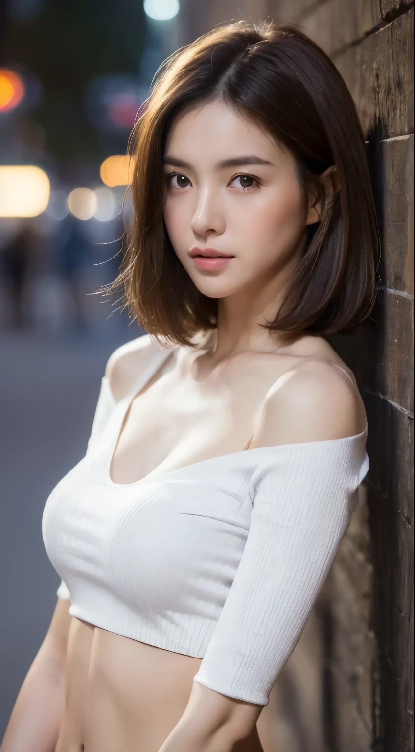 ((Realistic lighting, best quality, 8k, masterpiece: 1.3)), Be focused: 1.2, 1 Girl, Perfect body: 1.4, Slim abdominal muscles: 1.1, ((Dark brown hair)), (White short top: 1.4), (outdoor, night: 1.1), City Streets, Super delicate face, Beautiful eyes, Double eyelids,