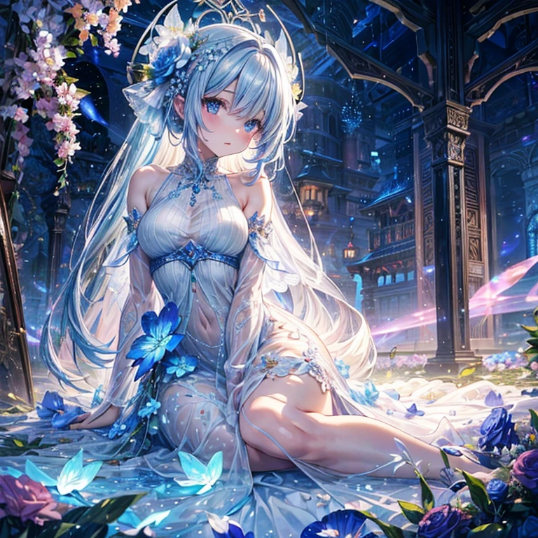 Woman in see-through white dress sitting in flower field, Ethereal and dreamy, Ethereal beauty, a stunning young Ethereal figure, dreamy and Ethereal, white hime cut hairstyle, Ethereal!!!!!!!, Ethereal fairytale, Beautiful maiden, pale snow-white skin, Ethereal!!!, by Torii Kiyomoto, fairycore, very Ethereal, extremely beautiful and Ethereal、there is a bouquet of Flowers that is sitting on a chair, colourfull Flowers bouquet, bouquets, ❤🔥🍄🌪, bouquet, colorful Flowers, Bright and soft colors, colorful pastel, Bright pastel colors, Bright pastel colors, in pastel colors, colourfull pastel, beautiful Flowers, beautiful colourfull, Flowers!!!!, colourfull, In beautiful colors, 🌸 🌼 💮、Woman in blue dress standing on wall, translucent dress, transparent gray dress, sexy gown, with a thin waist, long gown, long-one-piece dress female, Full length view, fantasy dress, low cut dress, opened dress, wearing long gown, see through dress, fantasy long intricate gown, long-one-piece dress, gown, wearing an evening gown, femme, gorgeous woman