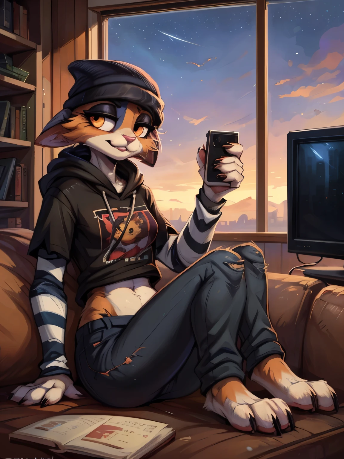 (best quality, masterpiece:1), solo, (shaded face:1.2), furry female anthro meowskulls, (noseless:1.1), sitting on couch, living room, tv, videogames, tail, medium breasts, bored, looking away, cute pose, closed mouth, (mocking smile), (shivering:1.2), half-closed eyes, beanie, black hoodie, striped sleeves, black jeans, meowskulls paws, visible feet, (living room background, night), by kenket, Ross Tran, ruan jia, zaush, foxovh, by Zackary911, by hyattlen, by teranen, by fumiko, by Pixelsketcher, by Bayard Wu, by Thomas Benjamin Kennington, by Einshelm, by Kilinah, by Coffeesoda, by Hioshiru, by fluff-kevlar, by r-mk, by Dimwitdog, SFW