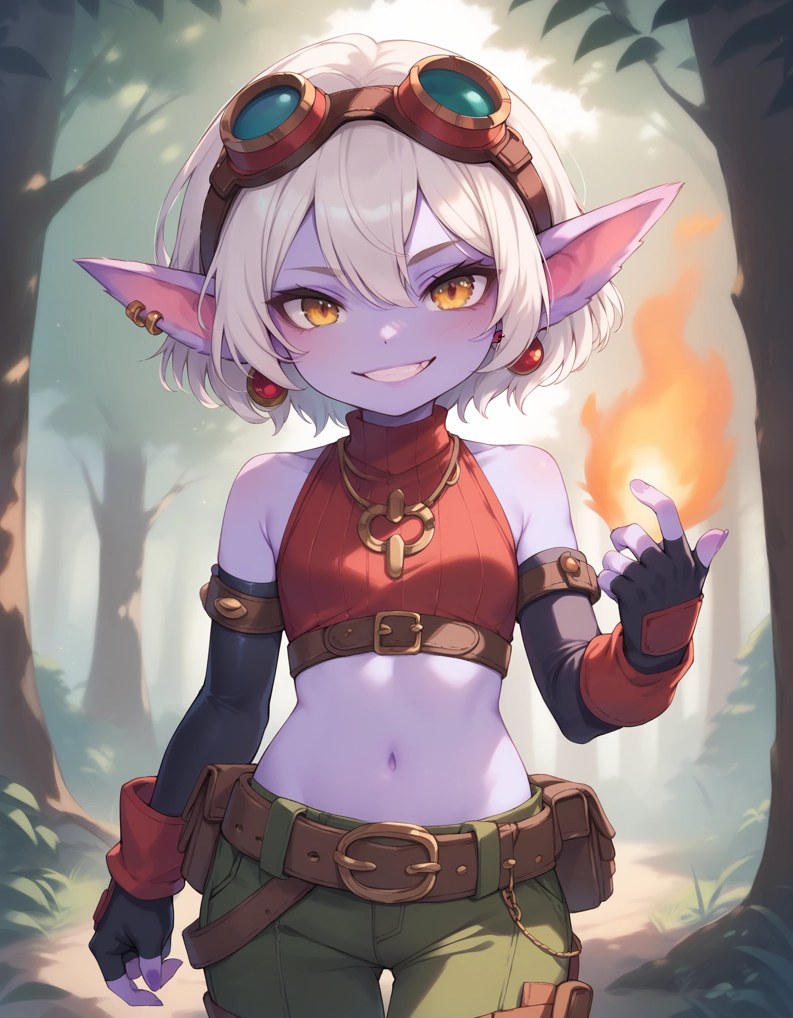 score_9, score_8_up, score_7_up, score_6_up, TristanaLoLXL, yordle, yellow eyes, pointy ears, white hair, short hair, googles on head, purple skin, colored skin. small breasts, jewelry, earrings, crop top, navel, arm sleeves, gloves, fingerless gloves, elbow gloves, green pants, belt, grenade belt, standing, looking at viewer, seductive smile, forest, tree