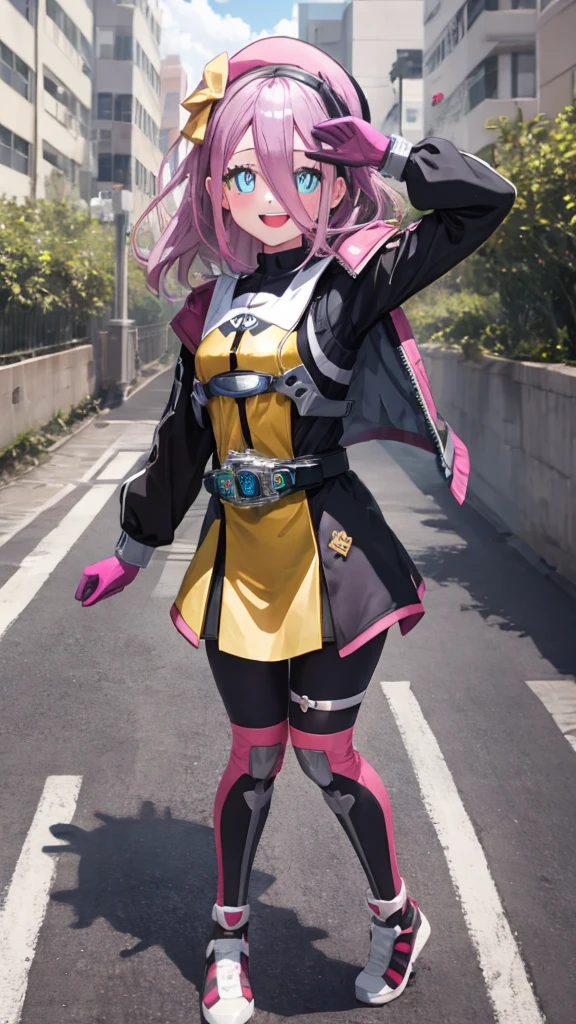 (Highly detailed CG), (highest quality), (full body),Alice，Black long hair，Blue eyes，One girl, Perfect Face,  Shiny skin, Shiny skin, Wide Hips, Tight waist,   roller:Kamen Rider_Pipopapo-08:0.8> Poppy Pipopapo,smile, Hat Poppy Rider,Pink gloves,  Bodysuits, Torn clothes,Are standing, Open your mouth, smile, Riding belt,Hospital Background ,skirt,Pauldrons, Victory pose, Close one eye,