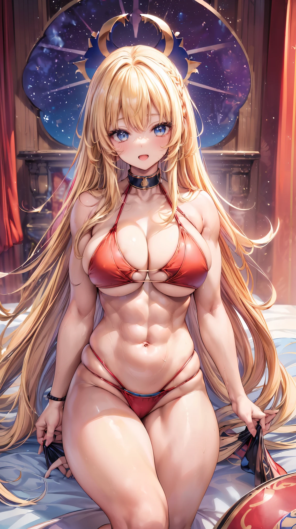 Very detailed、highest quality、Best image quality、masterpiece、8k、Anime Face、A kind smile、(Open your mouth:1.3)、Sparkling blue eyes、(Blonde semi-long hair:1.5)、(Muscles of the whole body:1.3)、(High leg:2.0)、Thigh belt、(Red high-cut bikini:1.5)、(Upper body photo:1.5)、(SFW Giant)、(Thick body:1.2)
