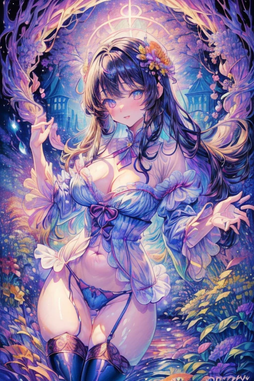((最high quality、8k、masterpiece:1.3)),high resolution、最high resolution、最high quality、high quality、Slender、Beautiful poopボディーライン、Beautiful poop女性、huge 、Sexy Style、Show off your cleavage、Emphasize the chest、(One Girl:1.4)、超detailedな、beautifully、aesthetic、Beautiful poop、masterpiece、Showing cleavage、underwear、hugeな胸の胸)、sexy underwear、garter belt、sheer bondage costume、(Whole body 1:4)、Beautiful poop女性は, (Medium length hair), detailed huge breasts, Cute smile, (Warm colors), Moist, Moist, Reflective plate, (Tabletop) 、(最high quality) (detailed) , (8k) (Studio Lighting) (Complex) , ((The flower arch is so fantastical and dreamy.)), Gorgeous, Fantastic fairy tale, A rich pastel color palette, Fantastic and dreamy theme, 夢のようなdetailed, Fairy tale setting:, (((A building with lots of flowers)))、Anime fantasy artwork, Anime fantasy illustration, Beautiful poopアートワークのイラスト, Beautiful poopアニメアートwork, Exquisite digital art, Complexな華やかなアニメCGIスタイル, Anime Art Nouveau Space Display, Beautiful poopアニメアート, Beautiful poopデジタル芸術作品, Beautiful poopファンタジーアニメ, detailed anime artwork, detailed Digital Anime Art, Dreamy psychedelic anime、See-through sexy lingerie、Sheer Lingerie、Beautiful poop表現、Beautiful poop乳房、detailedな目、Clearly eye-catching, beautifullyて魅力的、Beautiful poop目、Tight waist、Beautiful poop白い肌、Red Crack、((Long hair with lots of flowers、Lots of floral ornaments))