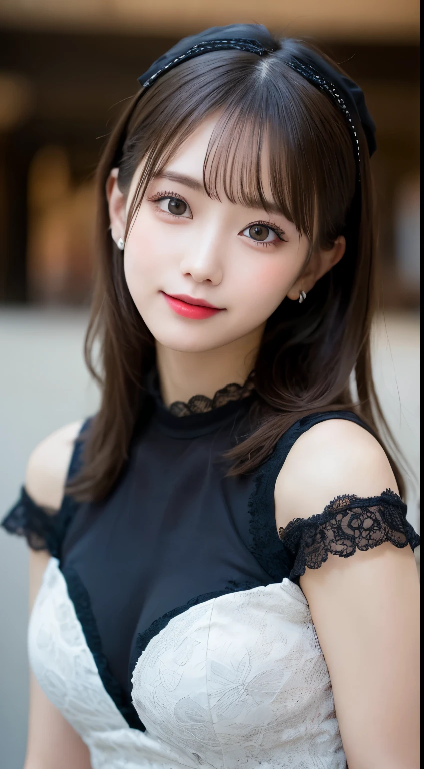 Tabletop, highest quality, shape, Very detailed, finely, High resolution, 8k wallpaper, 完璧なダイナミックな構shape, Beautiful and detailed, Small breasts, Natural color lip, Random sexy poses,smile、20-year-old girl、Midnight、Beautiful and dense face、Perfect and beautiful face,Big eyes、Actual photo(Best image quality),Lightweight off-the-shoulder dress、looking at the camera、Please stand、Putting on gal makeup,Blurred Background、ta Fashion