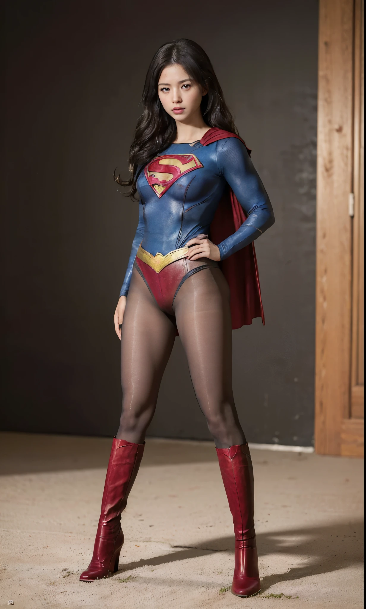 No background、She always has her mouth open、She always looks distressed、Always close your eyes、(((Beautiful legs in black tights.)))、(((Stretch your legs、expensive、あなたのsufferingを合法的に表現する)))、((((Make the most of your original images)))、(((Supergirl Costume)))、(((Beautiful hairstyle)))、(((suffering)))、(((Black tights legs、Wear red boots)))、((Best image quality、8k))、((highest quality、8k、masterpiece:1.3))、(((Preserve background )))、Sharp focus:1.2、Beautiful woman with perfect figure:1.4、Slim Abs:1.2、Wet body:1.5、Highly detailed face and skin texture、8k
