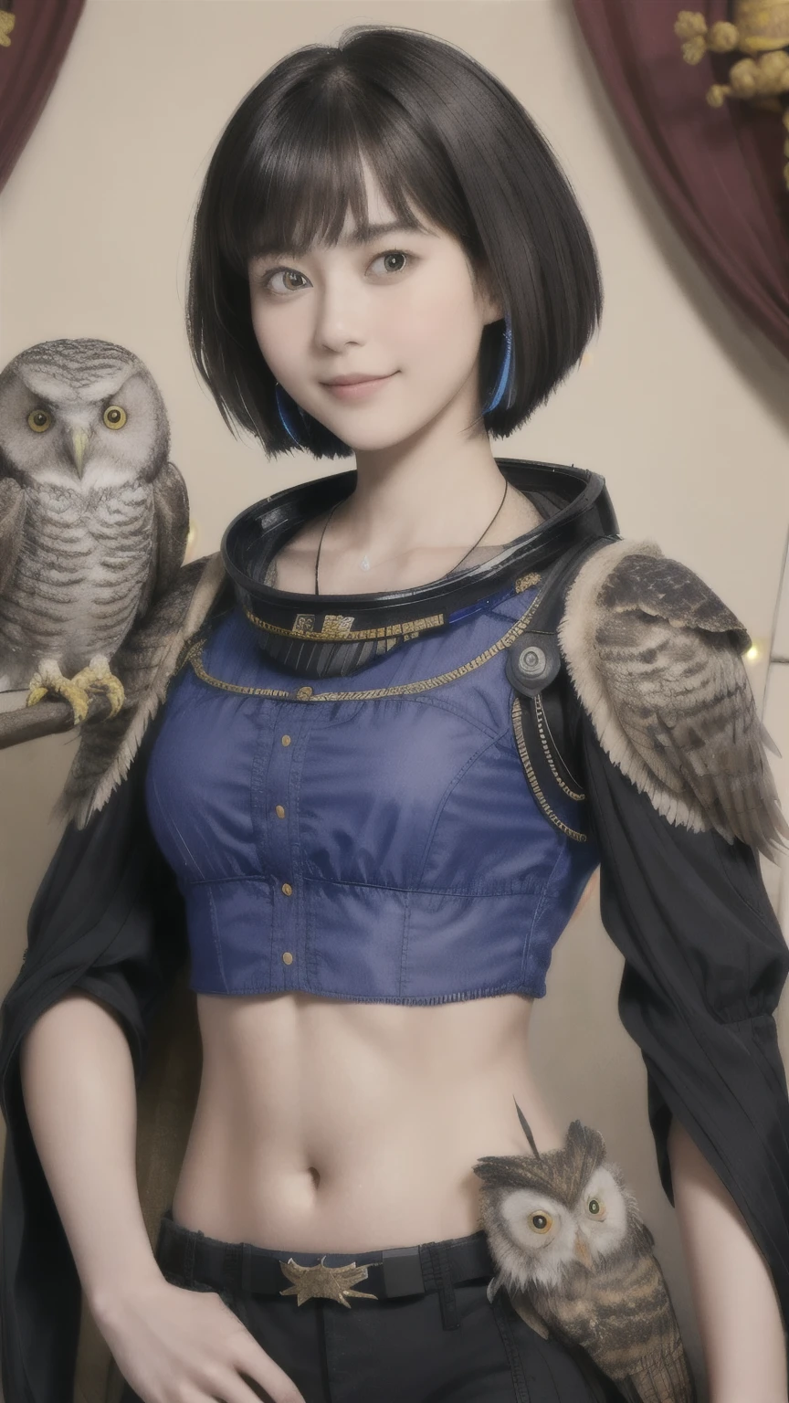 224 Short Hair, 20-year-old woman, A kind smile, (There are also colorful owls), (Rembrandt-style painting), ((machinery suit,Clothes with short sleeves)),I can see your abs