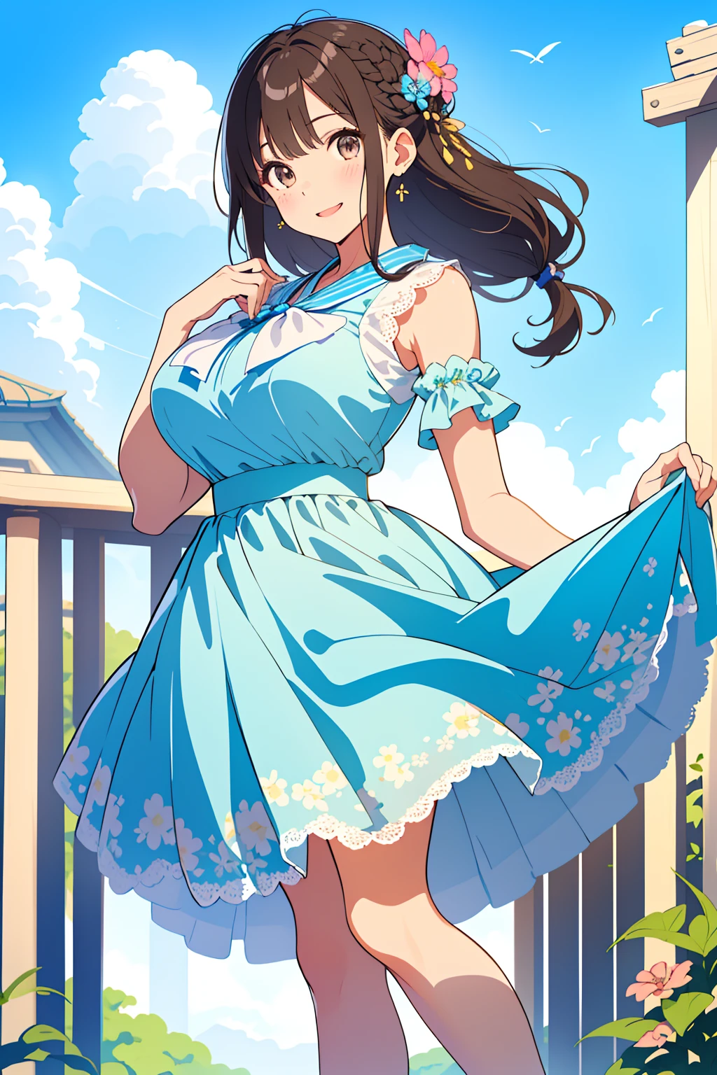 masterpiece, top quality, high resolution, chi1, girl one, long hair, one side up, solo, bracelet, bangs, bare shoulders, blue shirt, floral, short sleeve, off-shoulder shirt, ruffles, blue skirt, ((panties from front))), cowboy shot, smile,