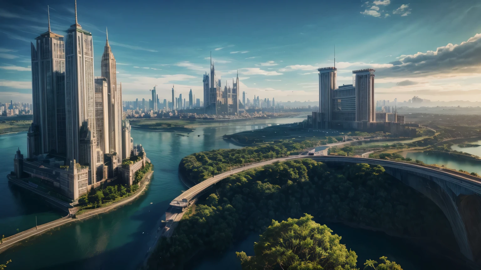 Huge castles and skyscrapers floating in the air Cyberpunk fantasy world Top quality ultra high definition utopia 8K Giant waterfalls nature