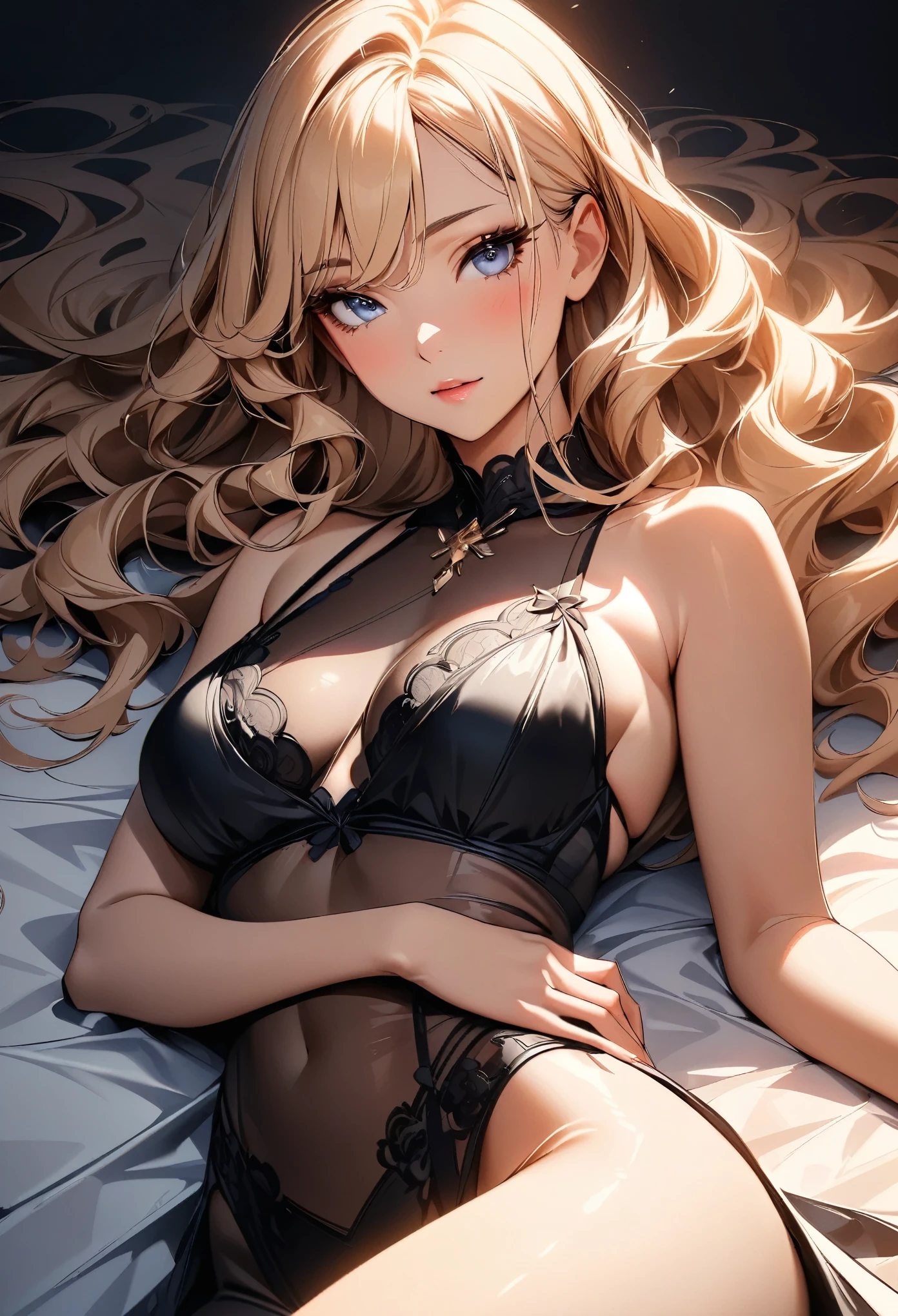 (highest quality:1.2, Very detailed, up to date, Vibrant, Ultra-high resolution, High Contrast, masterpiece:1.2, highest quality, Best aesthetics), (((1 girl))), Beautiful woman, Woman in seductive pose, Wavy hair with highlights, Eyes and lips with plenty of detail, Glowing, soft skin, Subtle blush, Delicate Jewelry, Glamorous makeup, Black Lace Lingerie, See-through lingerie, Feminine curves and contours, Sensual atmosphere, Dramatic lighting, Romantic colors, Lying on pure white silk sheets, Cowboy Shot