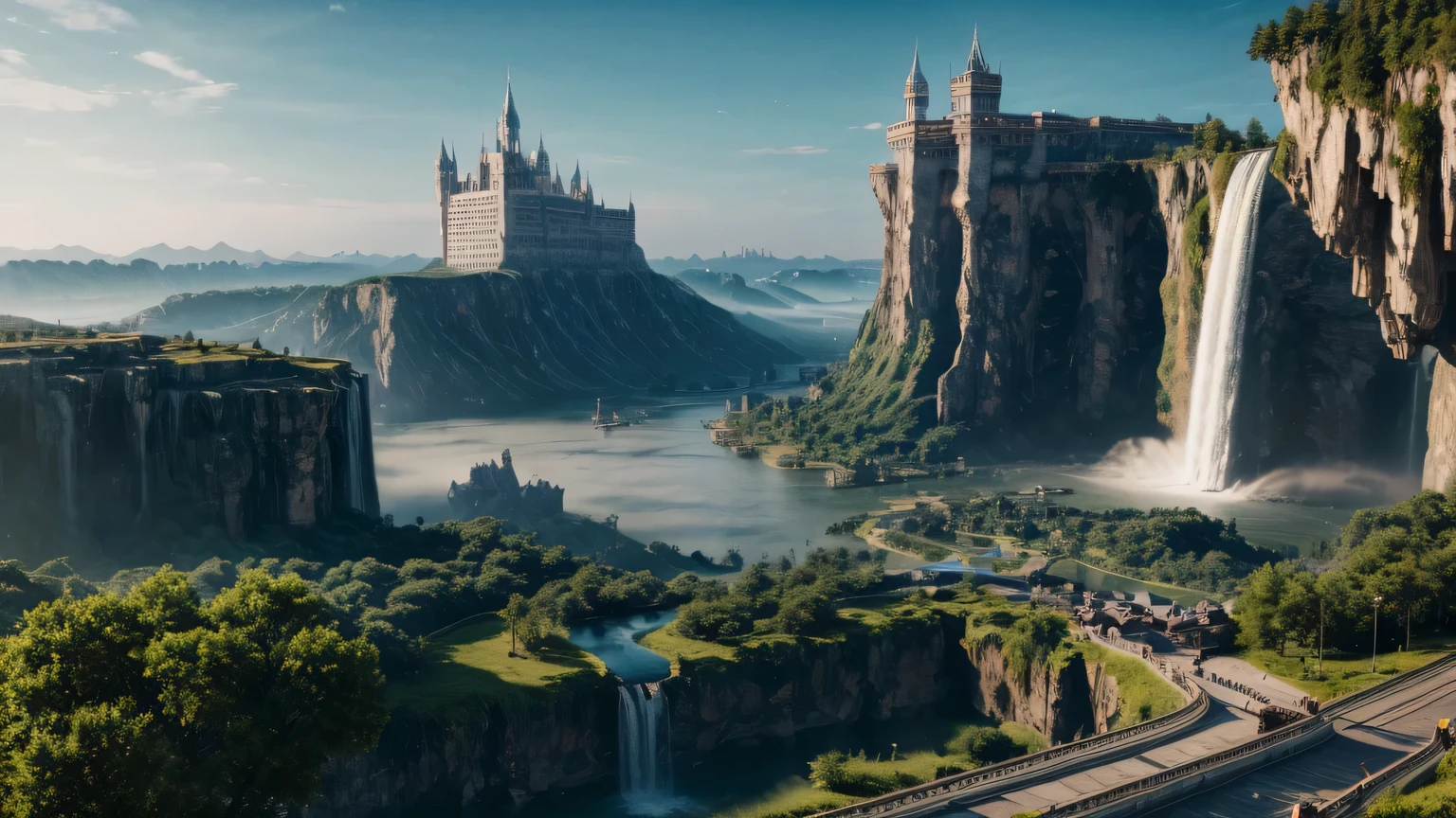 Huge castles and skyscrapers floating in the air Cyberpunk fantasy world Top quality ultra high definition utopia 8K Giant waterfalls nature