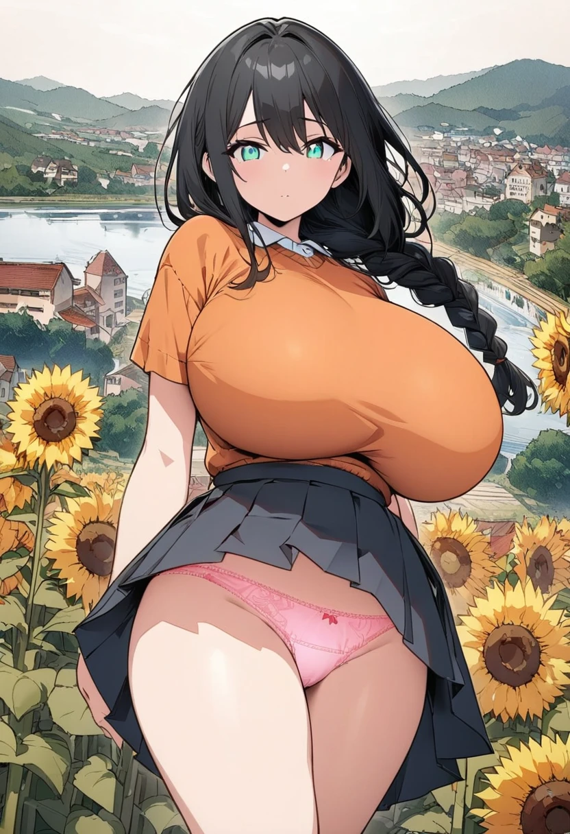 smiling, ((((upskirt))), jumping, ((pleated skirt)), looking back, (((pink panties)), large breasts, summer, day, Sunflower field,spread arms,Top Quality, Masterpiece, Ultra High Resolution, 8k, Orange Sweater, Anime Style Little , Single, Ultra Detailed Line Art, Digital Enhancement, Anime Core, Flowing Fabric, ((Hair length to shoulder and short braid)), staring at me from the front, Soft drawing, Beautiful black hair, Looks really weak, Clear eyes, Countryside cityscape, Very big breasts、 clean line drawings,