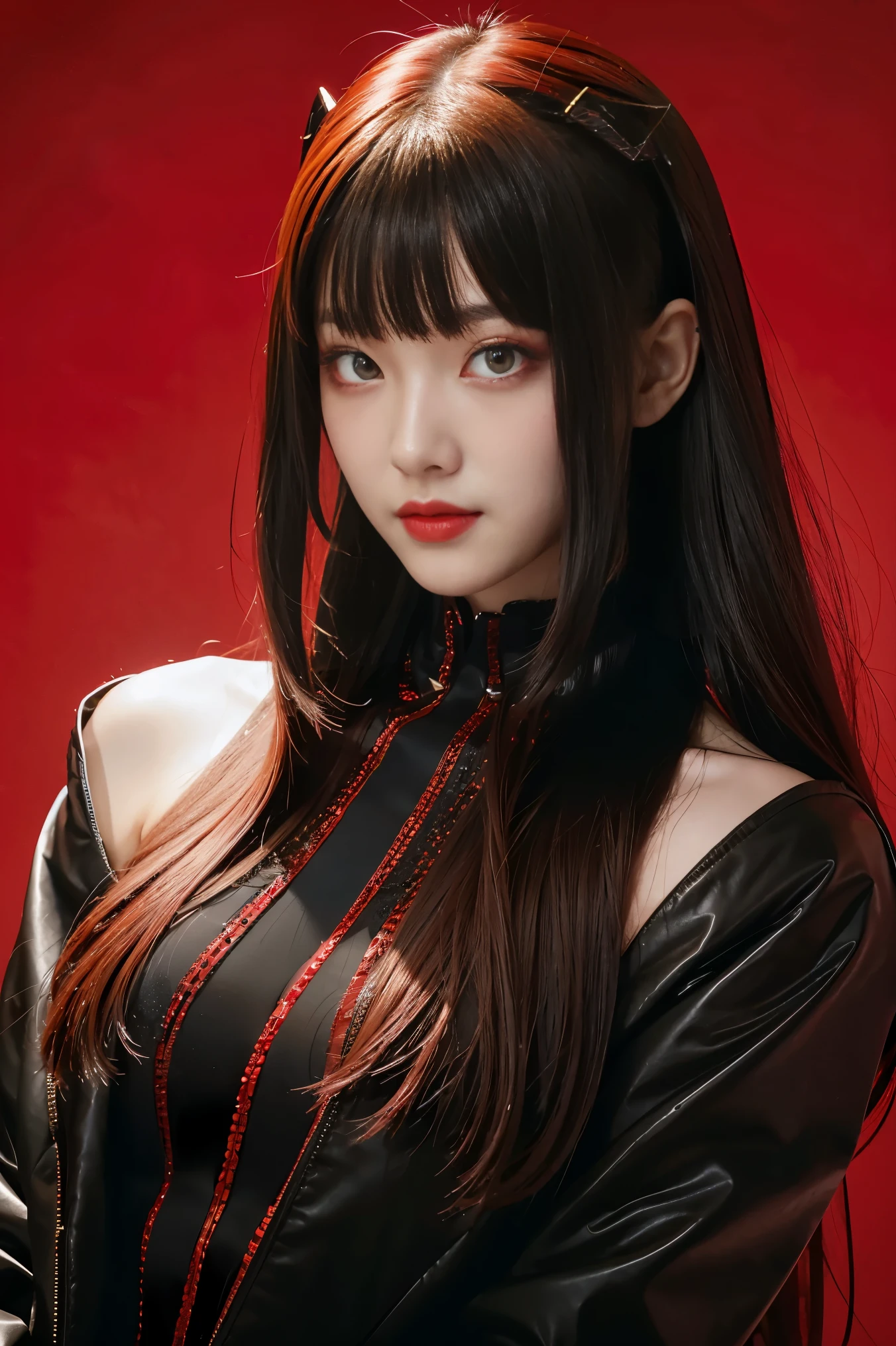 Cyber Girl，red color eyes，Dark style，Evil smile，1girll